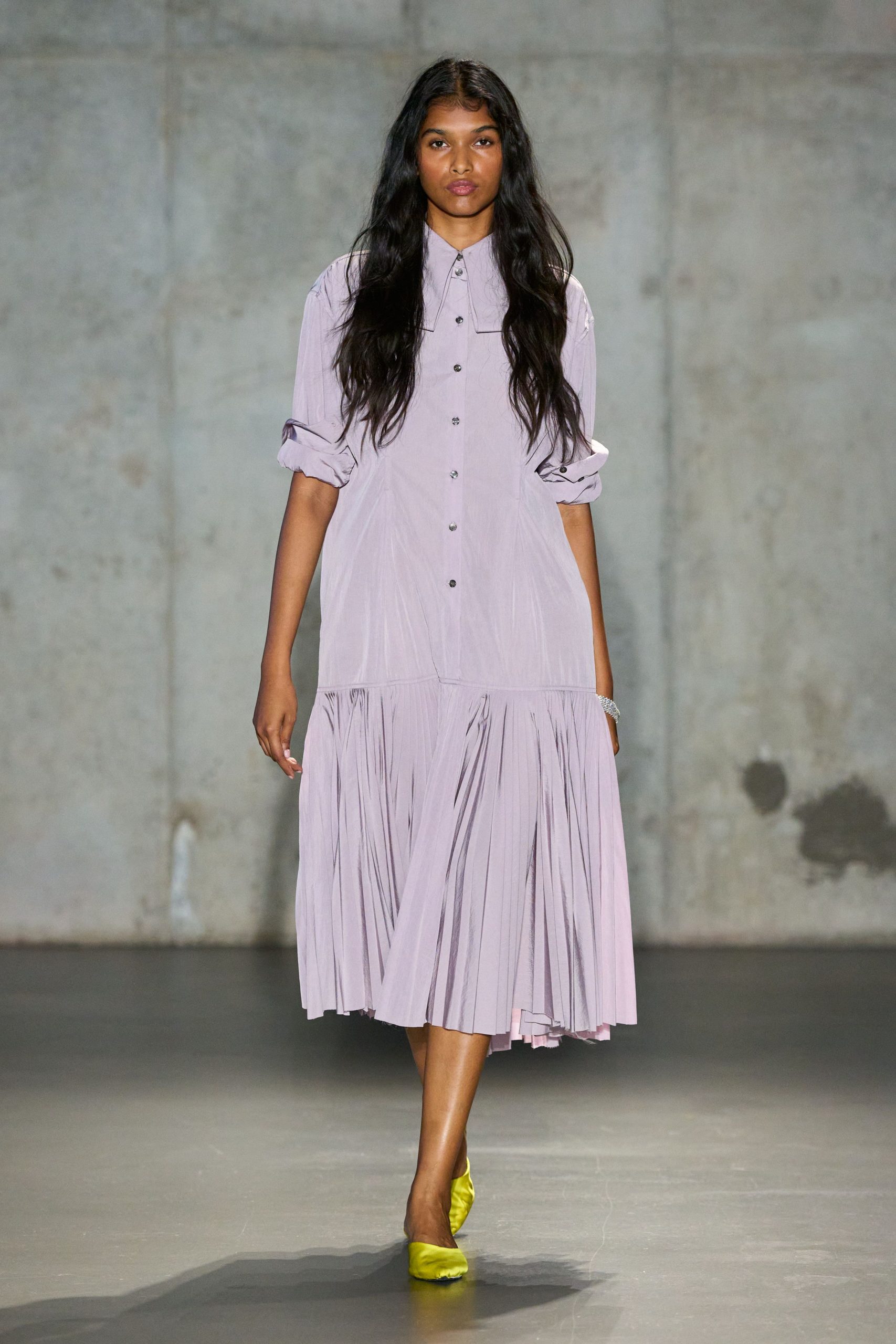lavender cotton long-sleeve collared relaxed pleated buttoned dress