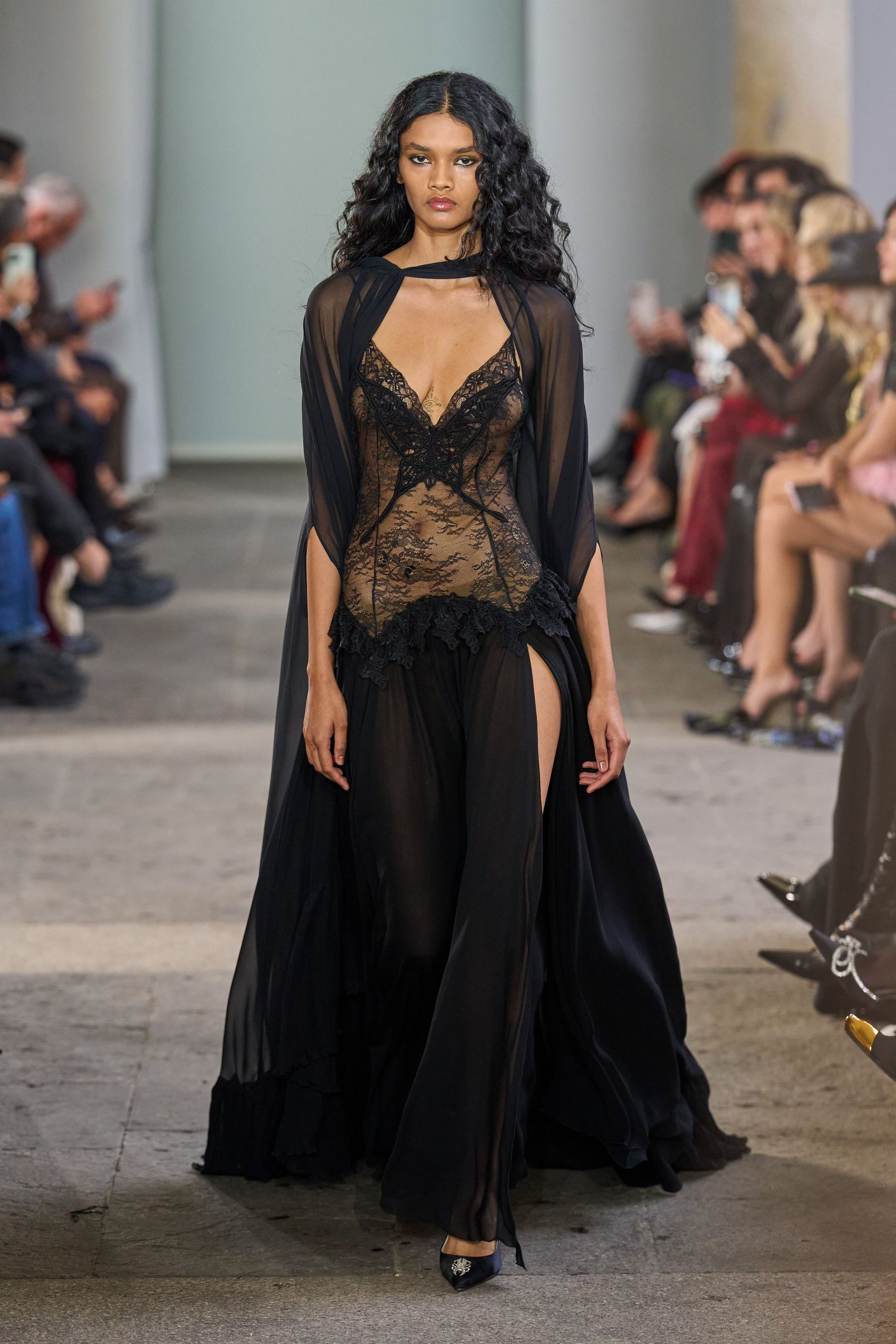 black silk gown with cape