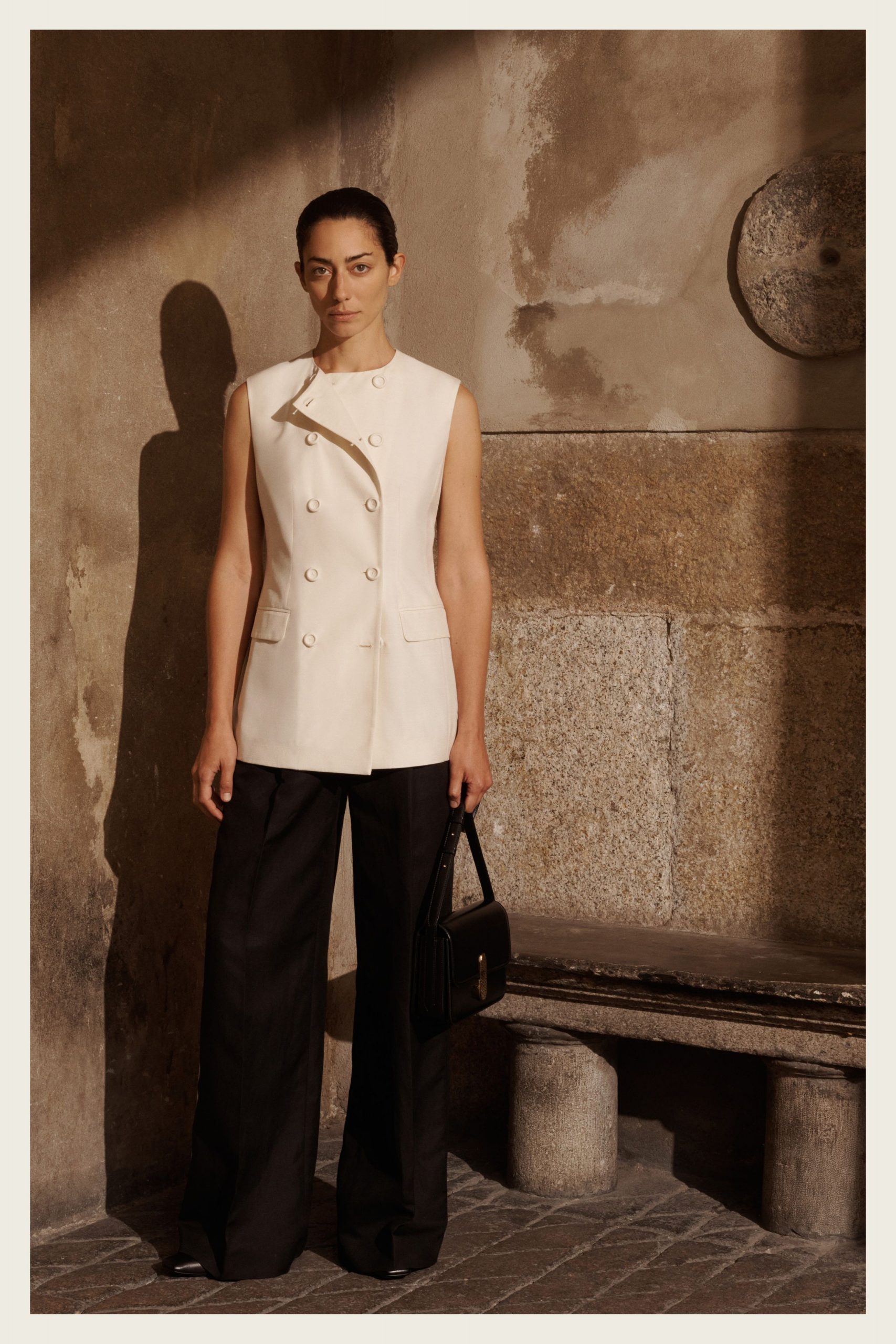 white cotton sleeveless double-breasted structured blazer