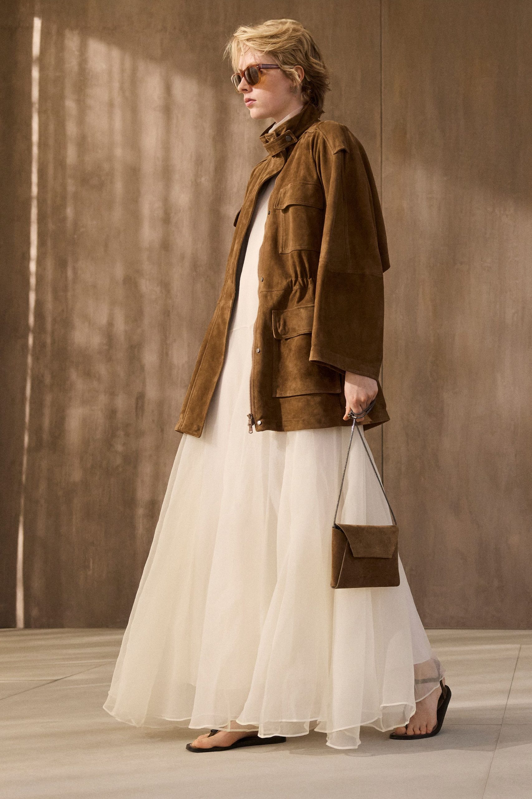 brown suede jacket white maxi dress