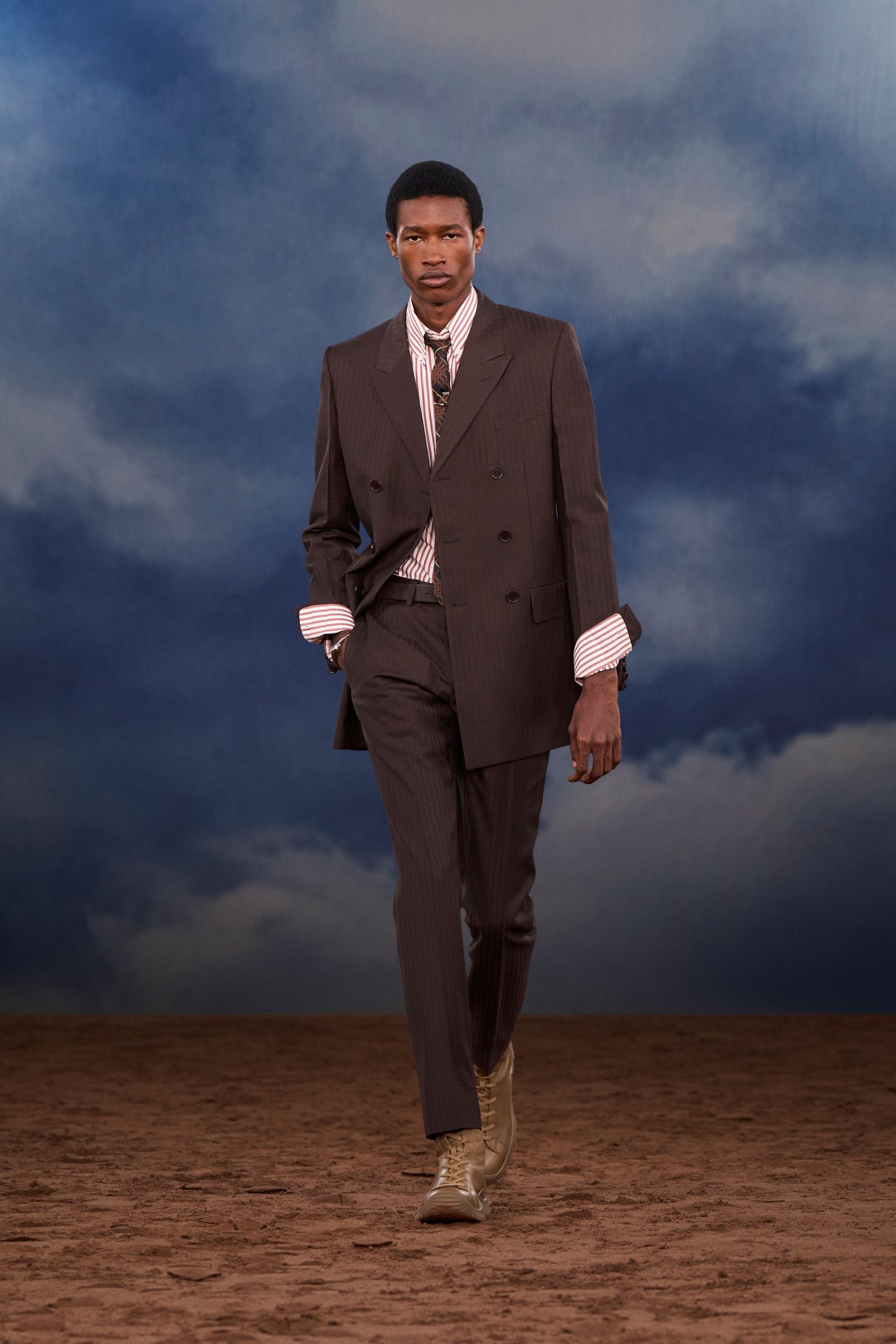 brown striped tailored suit