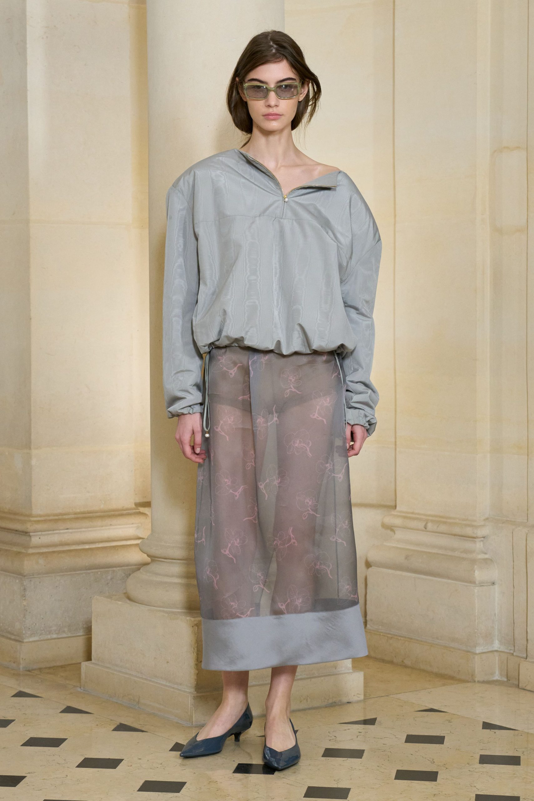 gray silk long-sleeve collared relaxed zippered top