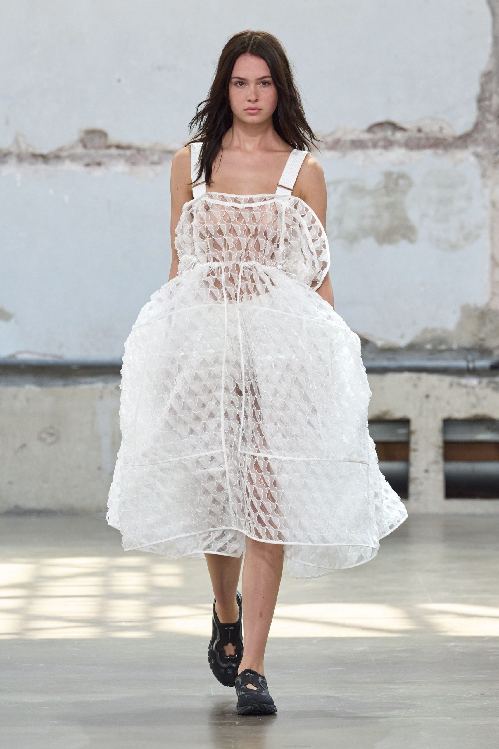 white mesh sleeveless relaxed layered sheer midi dress
