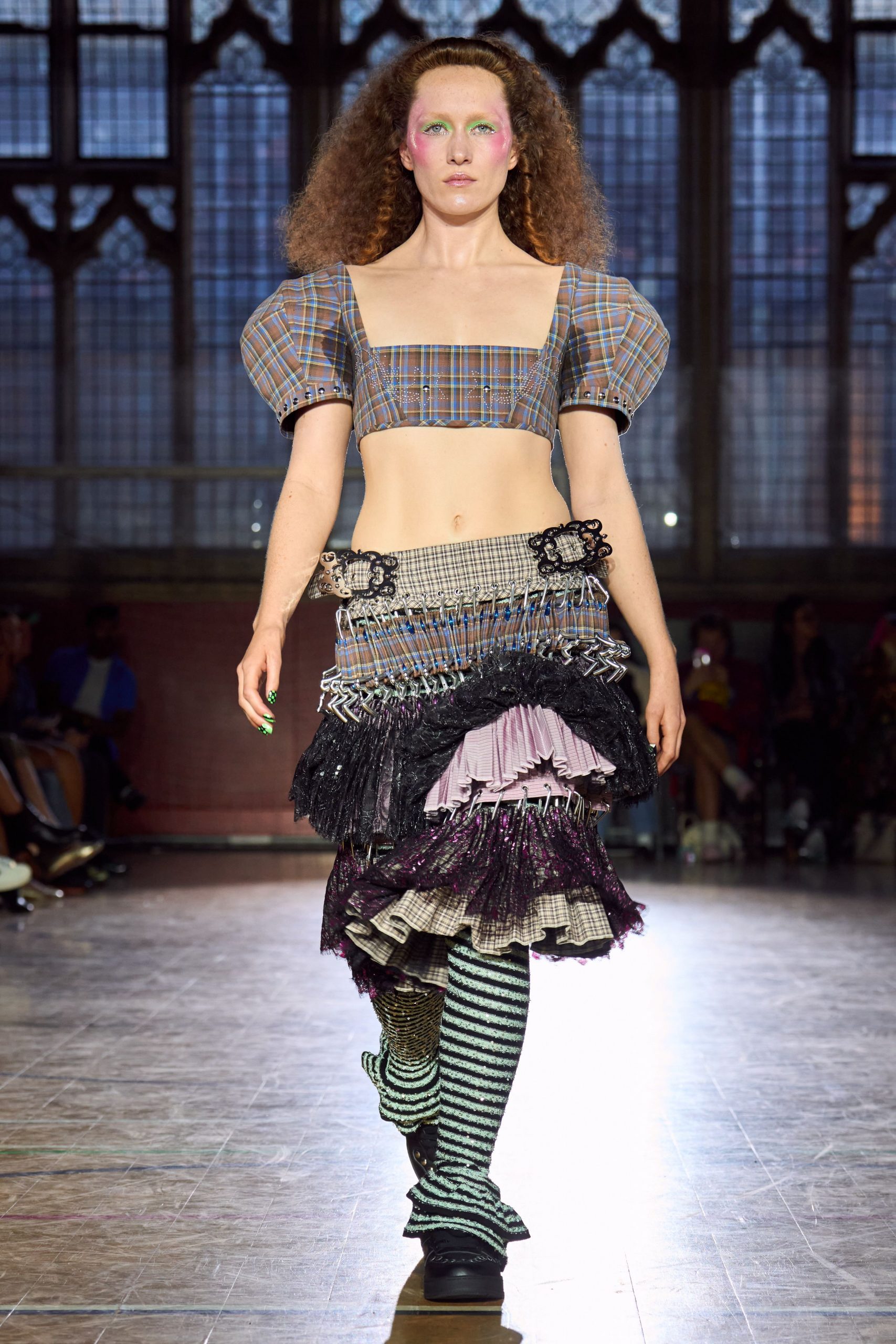 multi cotton short-sleeve collared fitted checked cropped crop-top