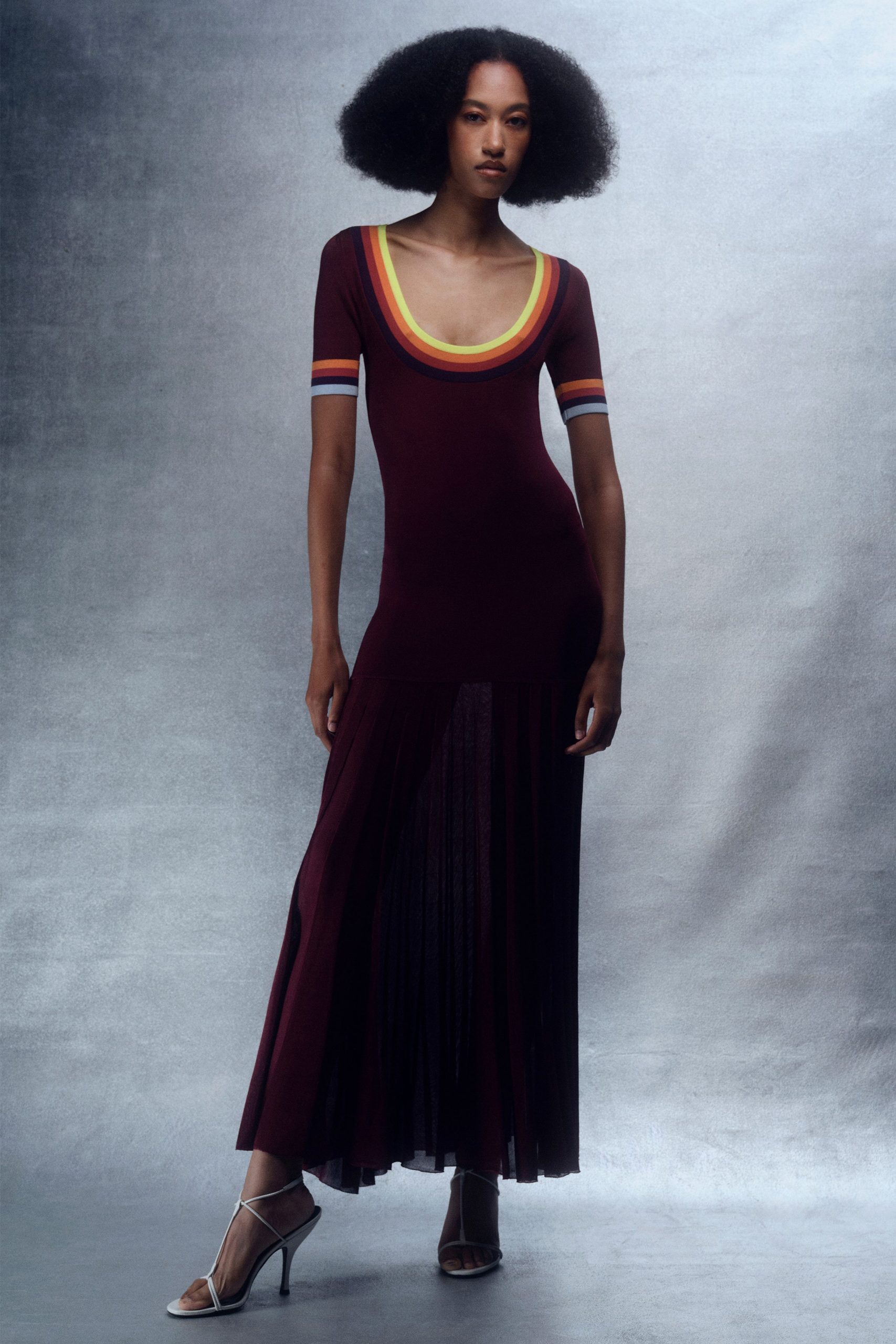 maroon cotton sleeveless v-neck fitted pleated maxi gown