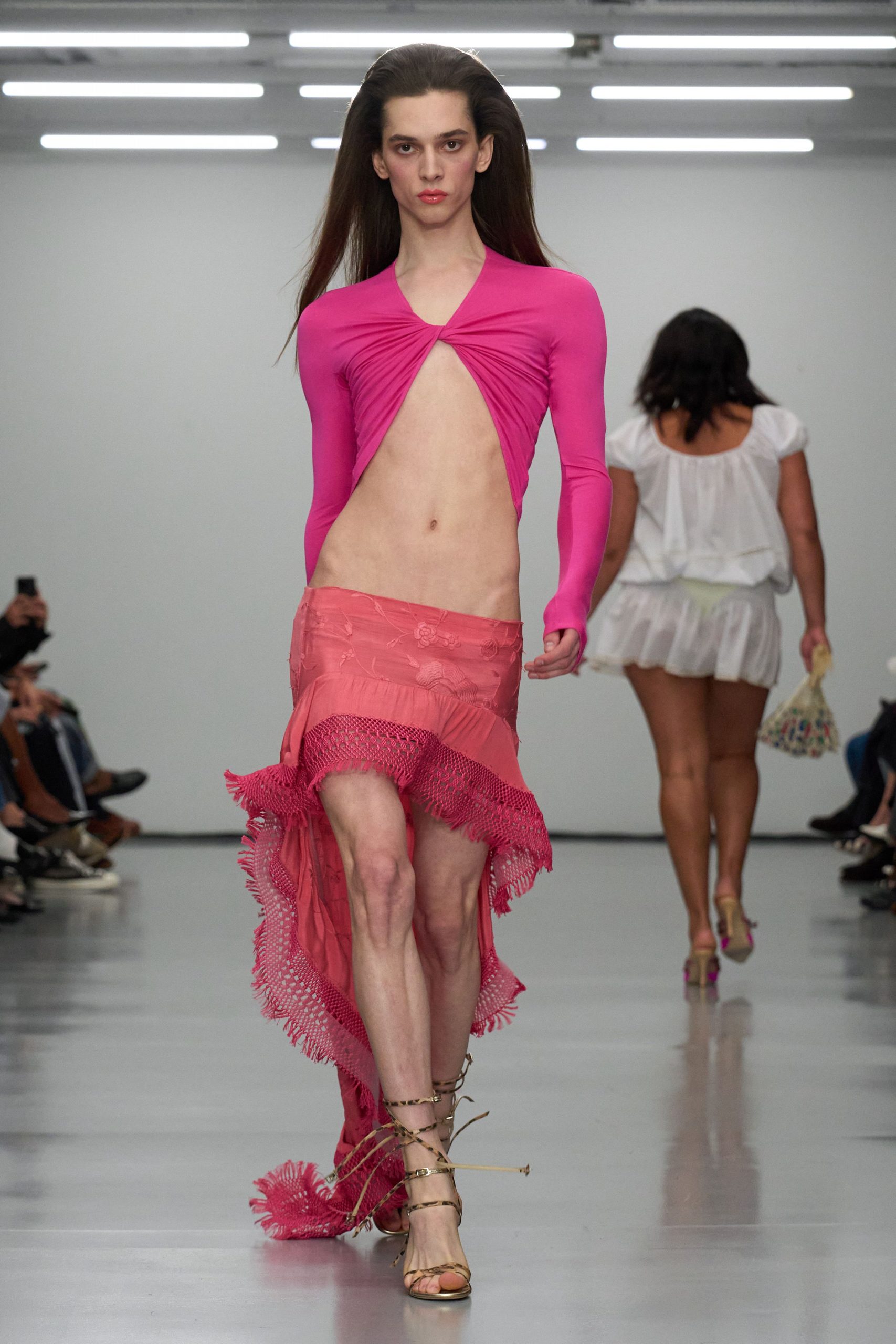pink fitted top and midi skirt