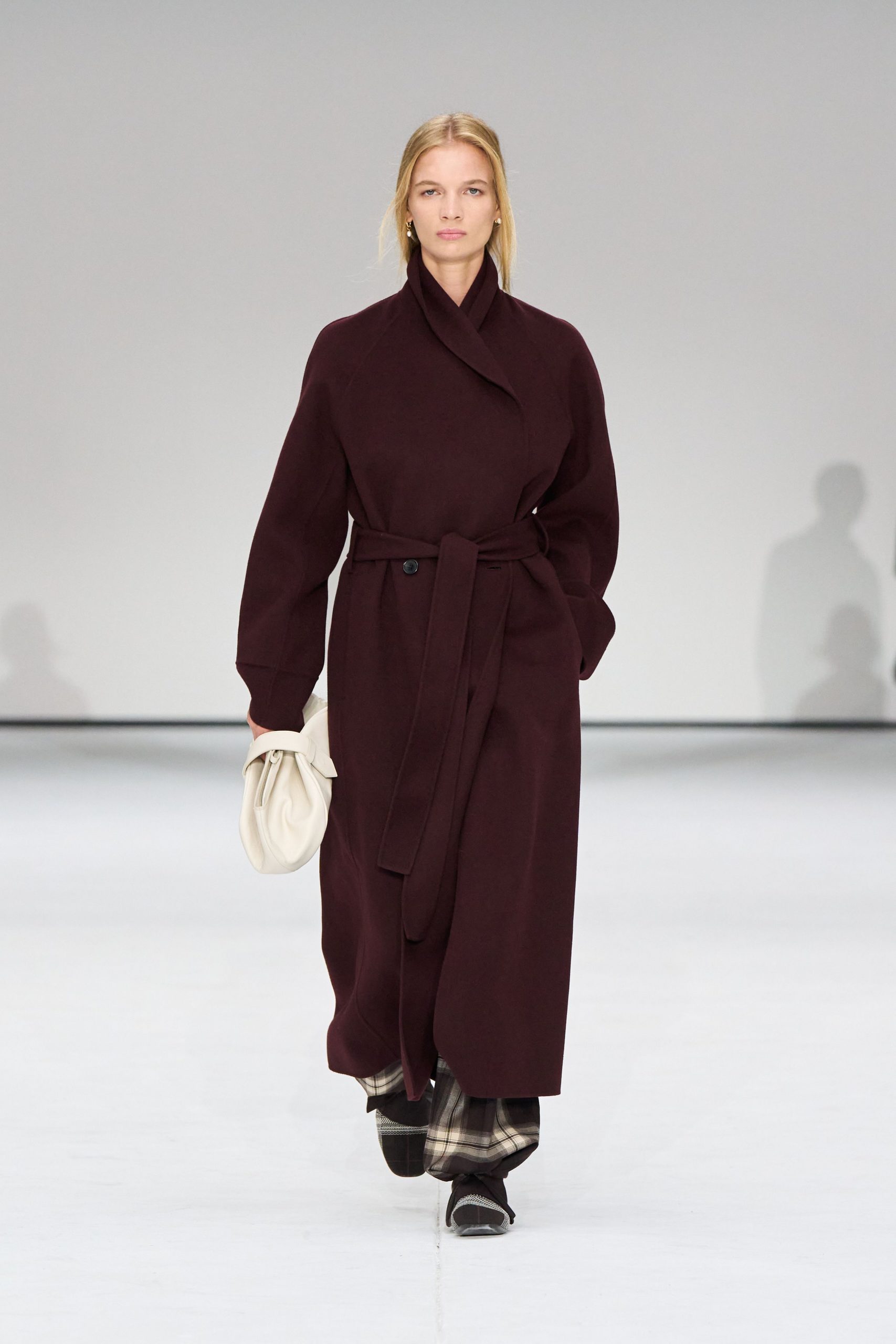 maroon wool long-sleeve collared relaxed belted maxi coat