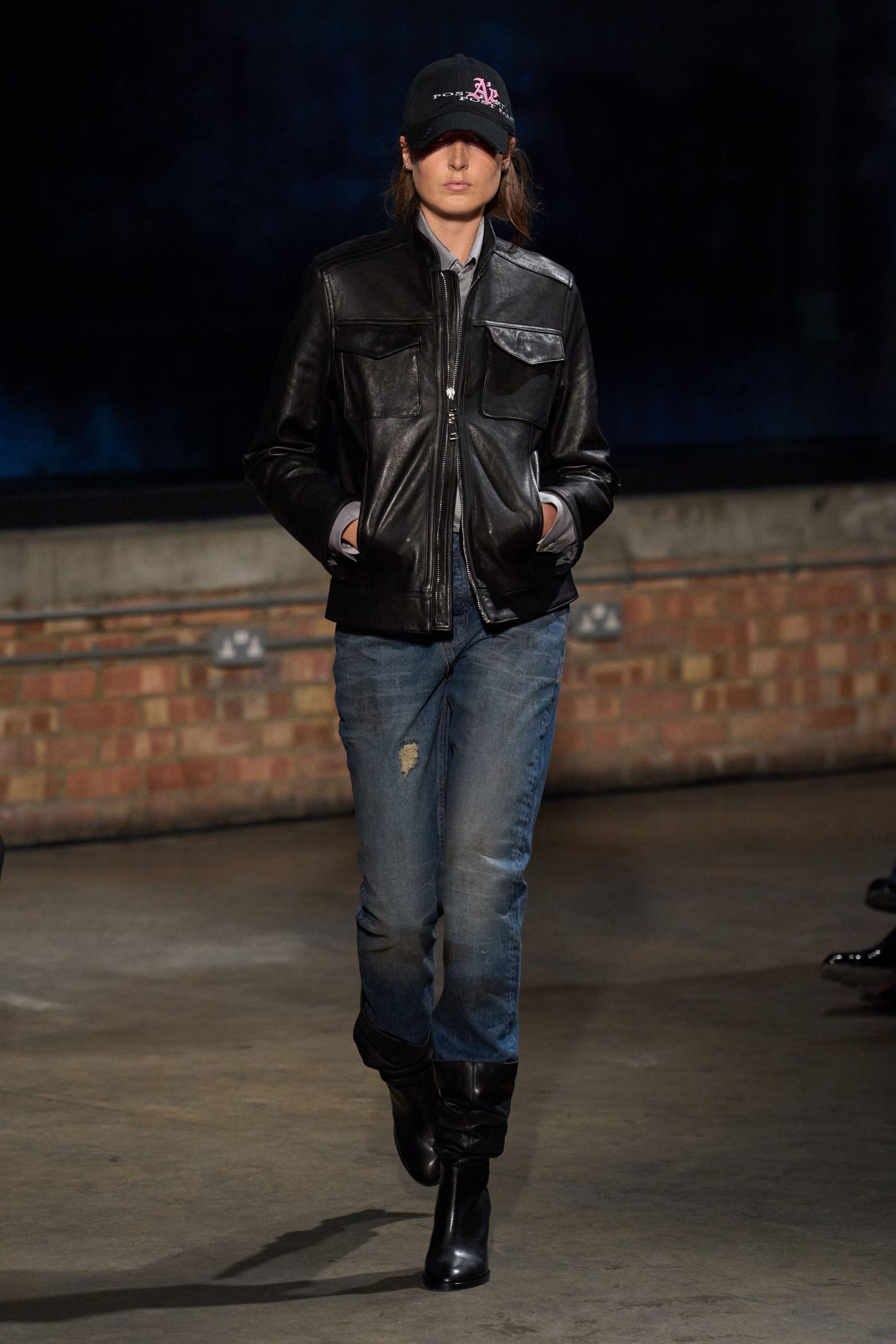 black leather jacket with blue shirt