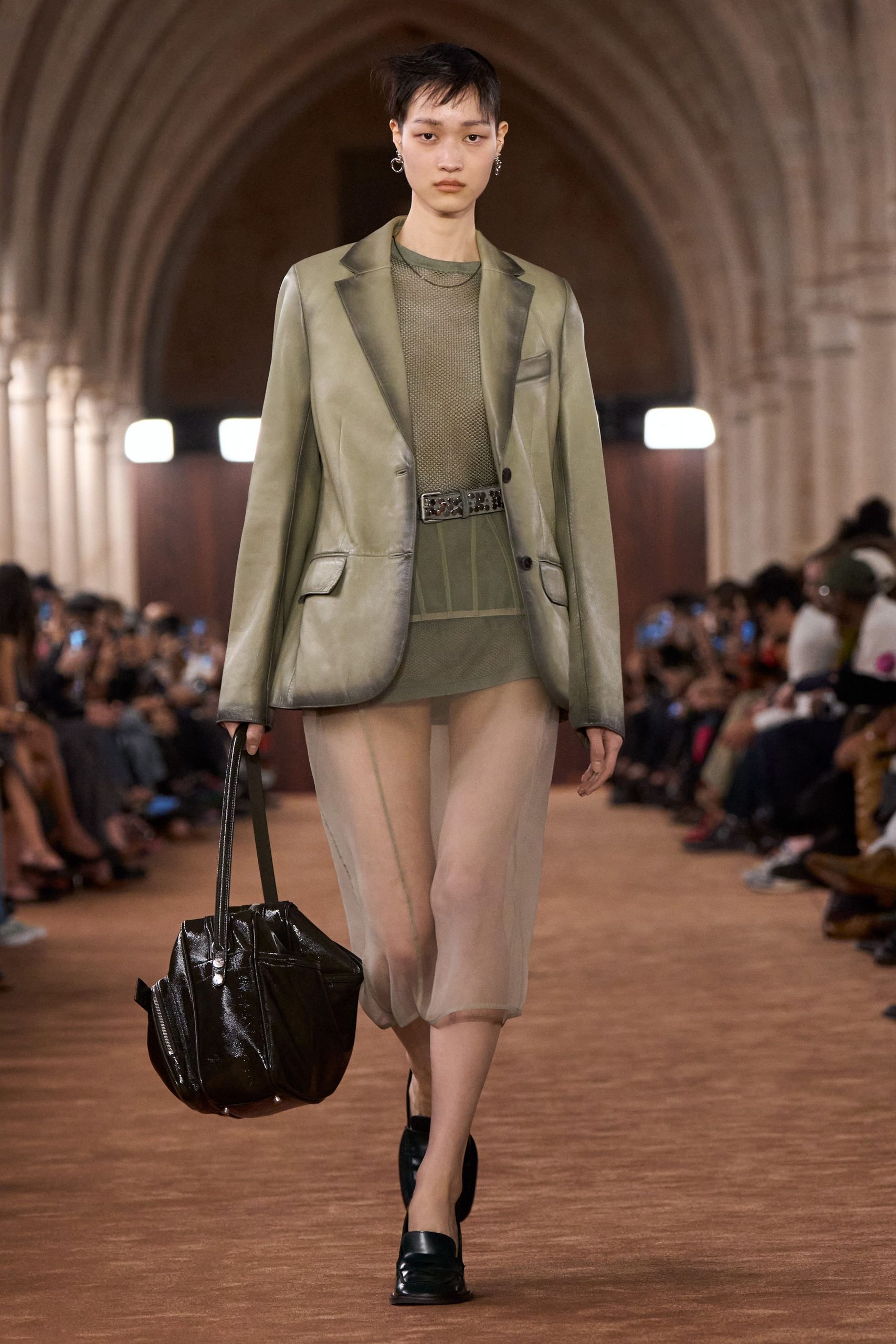 green leather long-sleeve collared structured buttoned blazer
