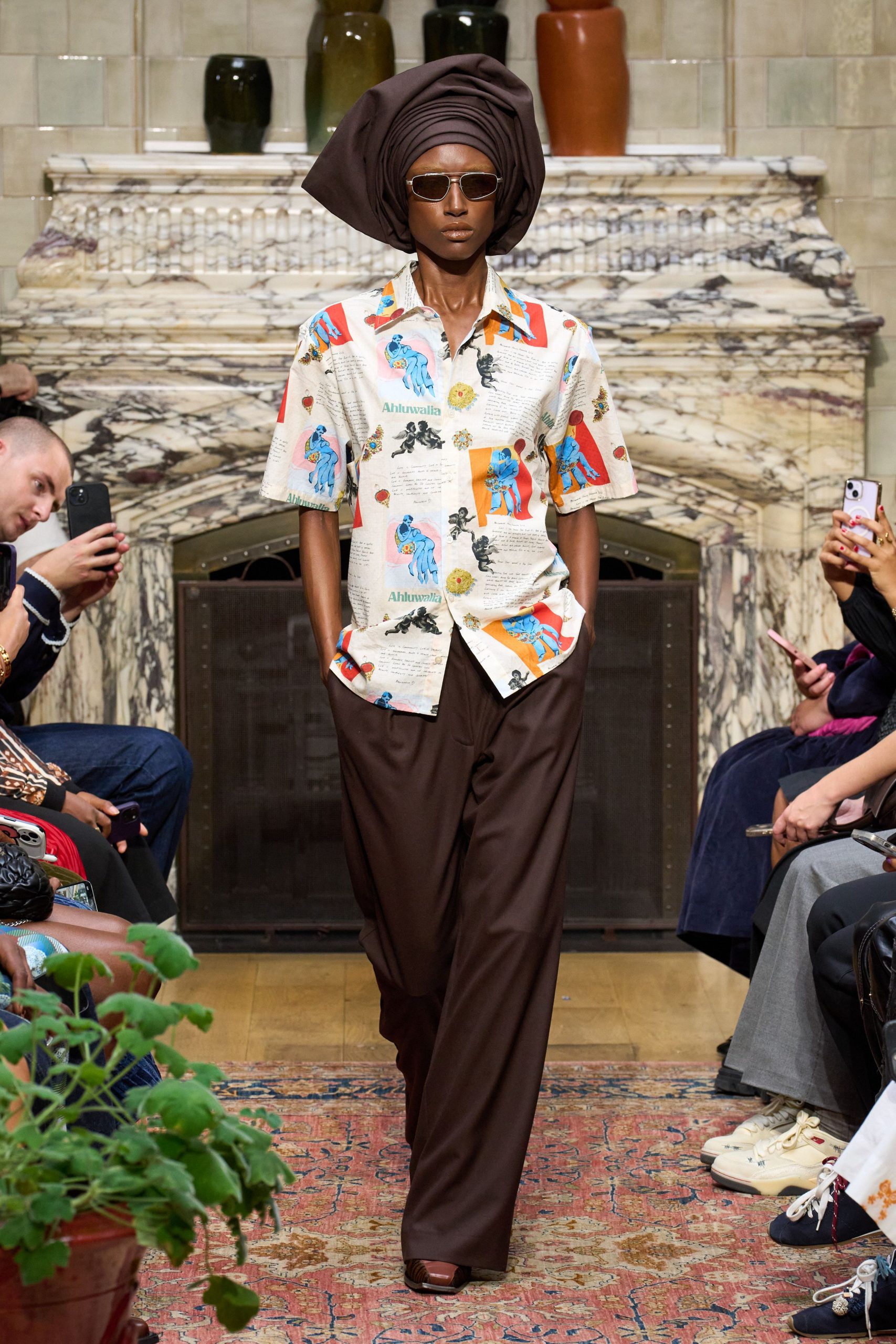 relaxed multi-colored shirt and brown pants