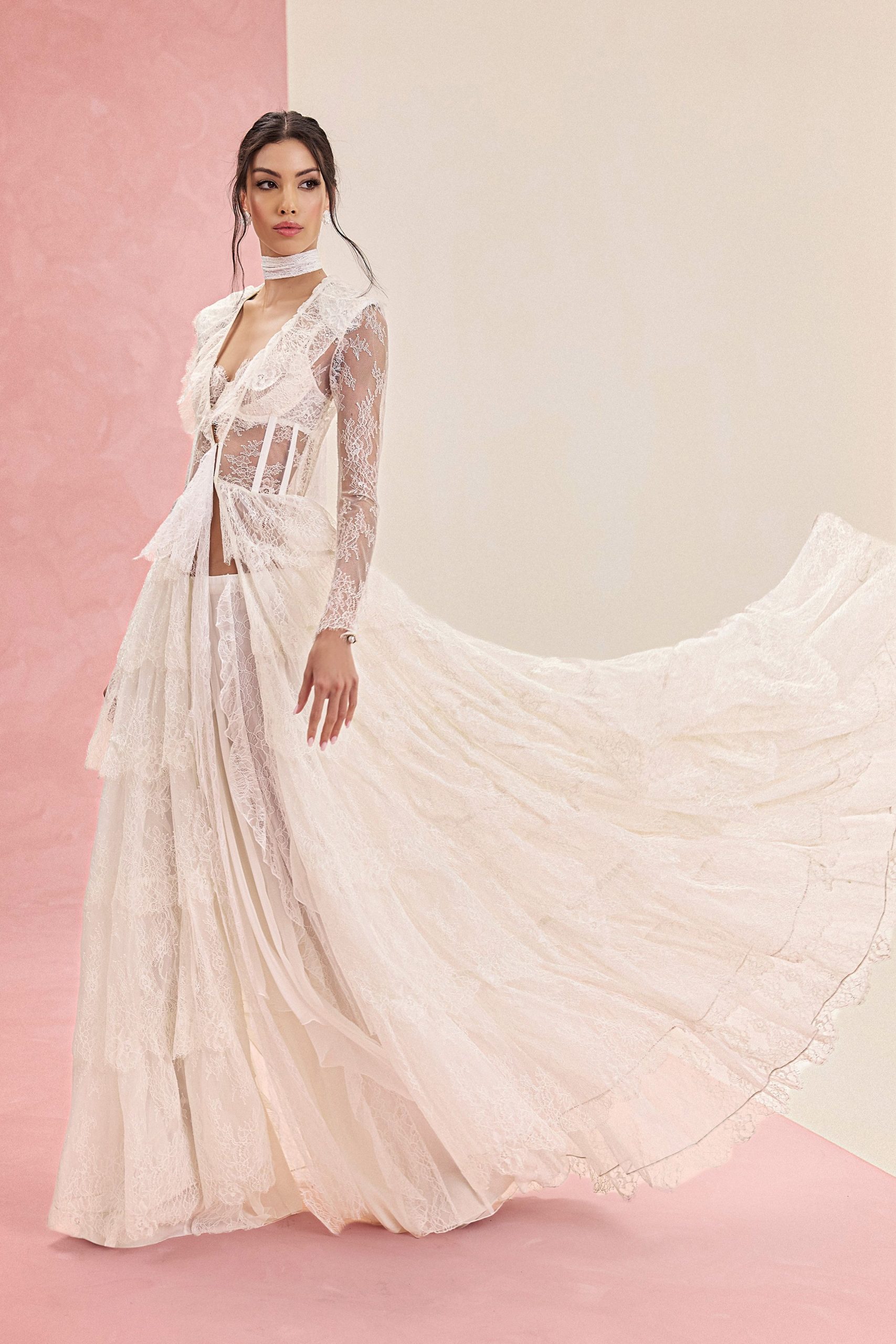 white lace long-sleeve gown