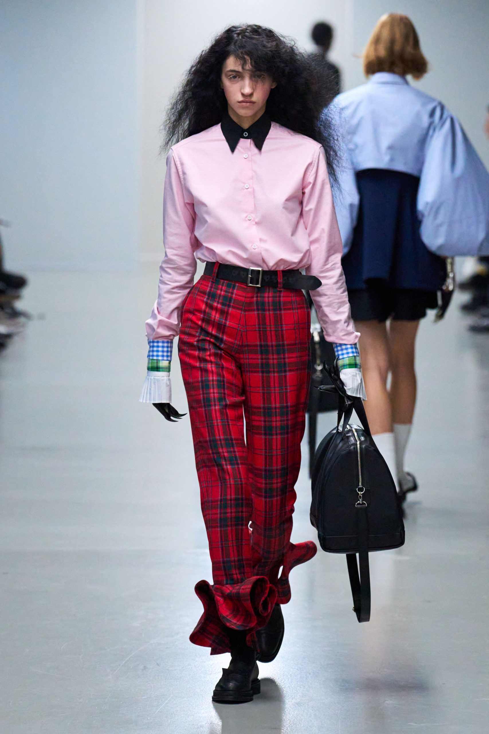 red cotton fitted checked flared pants