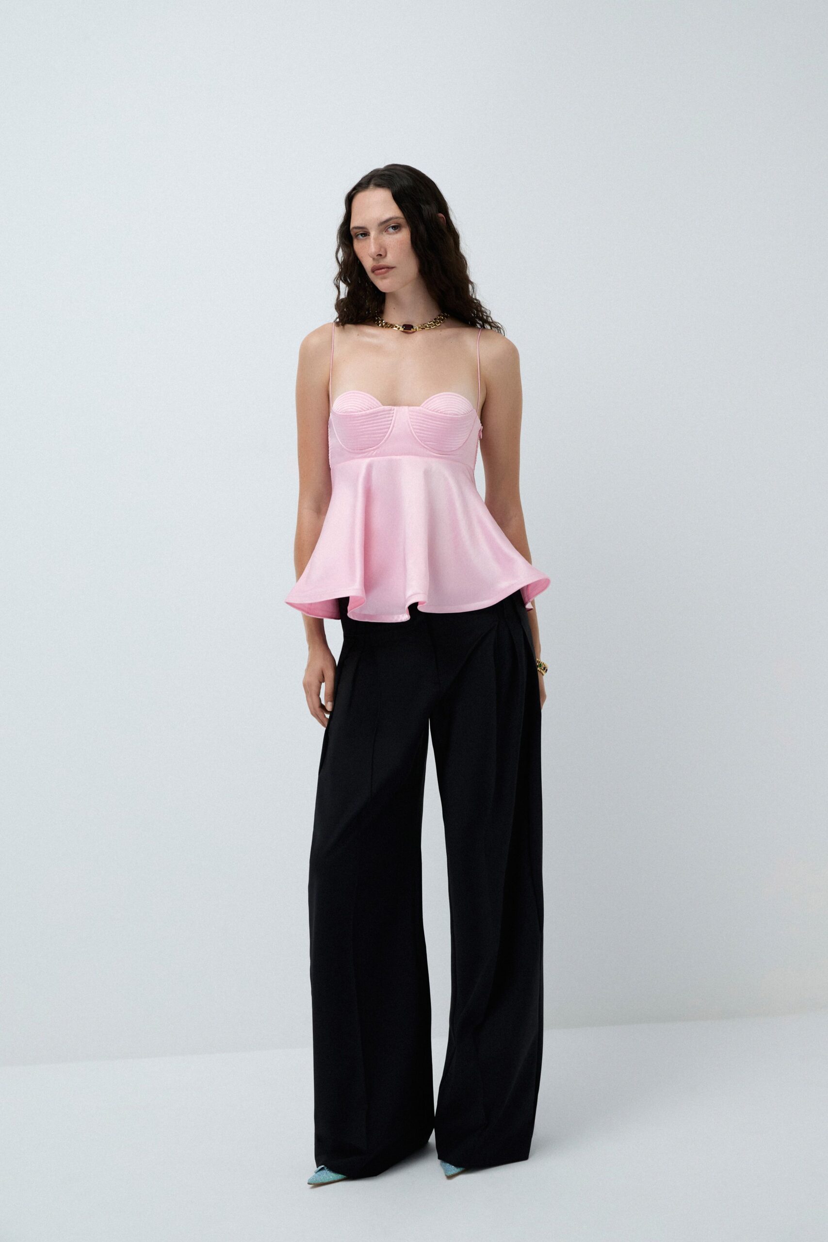 pink silk sleeveless v-neck fitted flared top