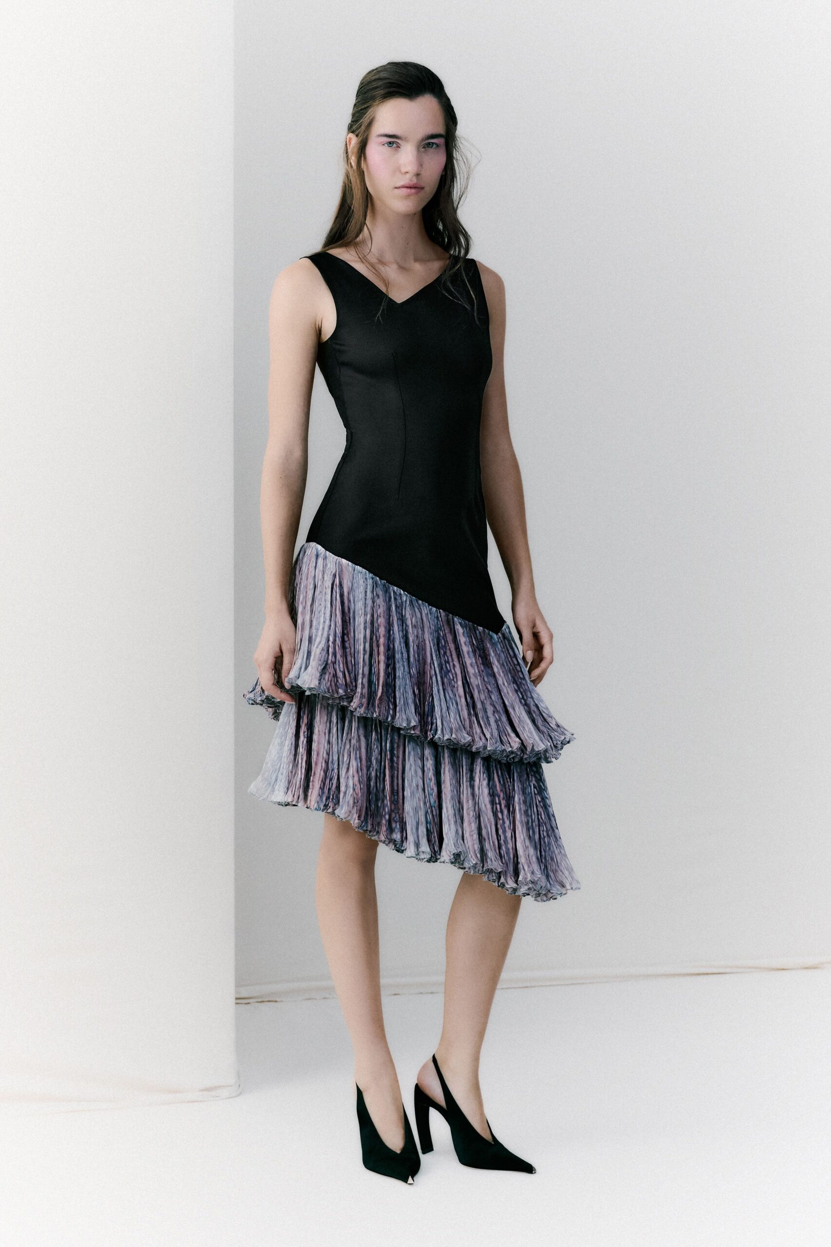 black silk sleeveless v-neck fitted tiered midi dress