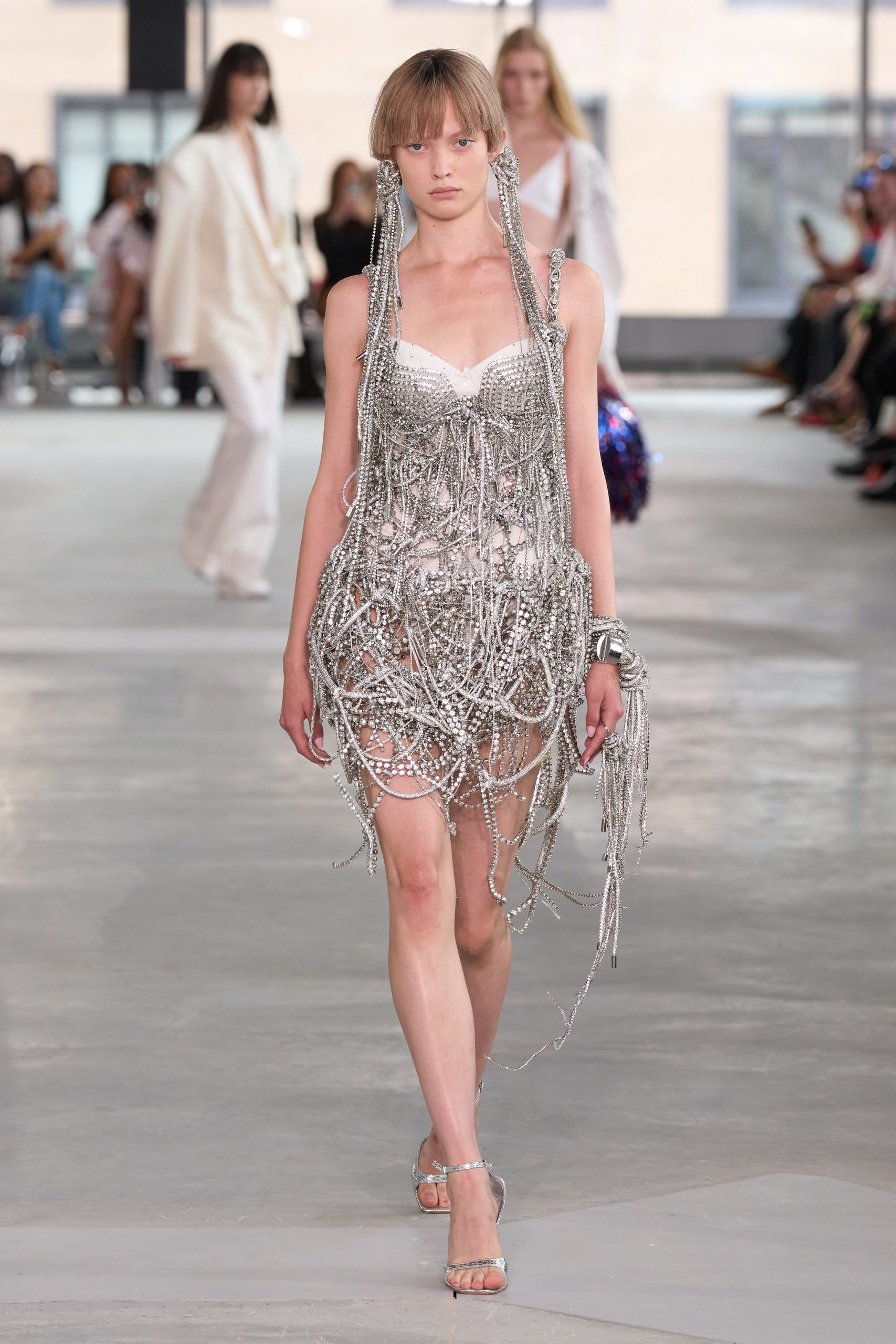 gray metallic sleeveless v-neck fitted fringed shiny dress