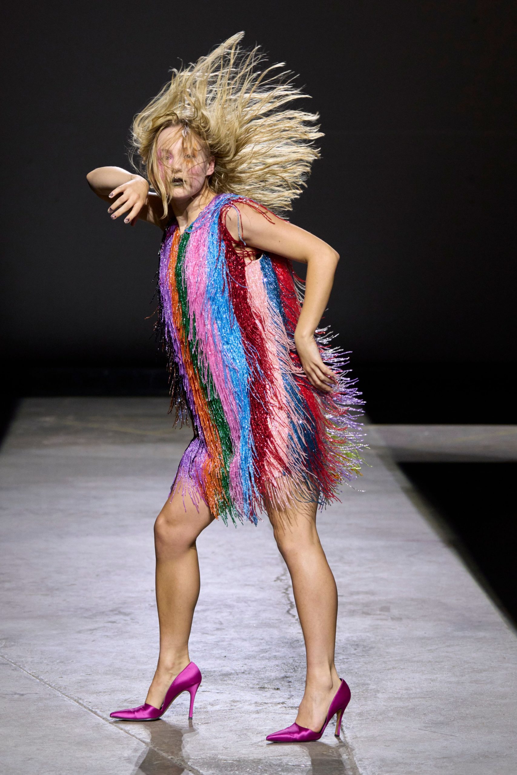 multi silk sleeveless v-neck fitted fringed mini dress