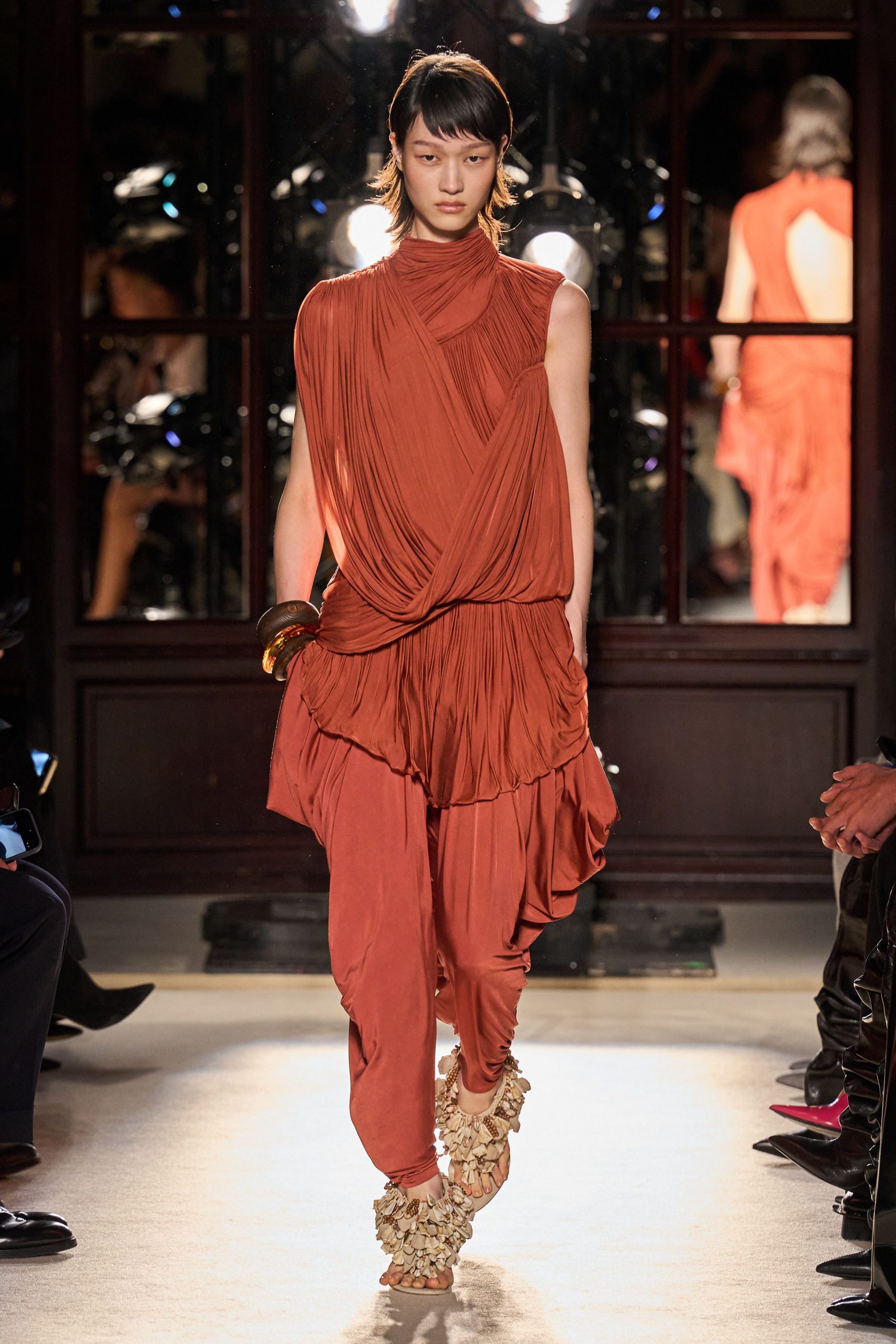 orange silk sleeveless high-neck relaxed pleated draped dress