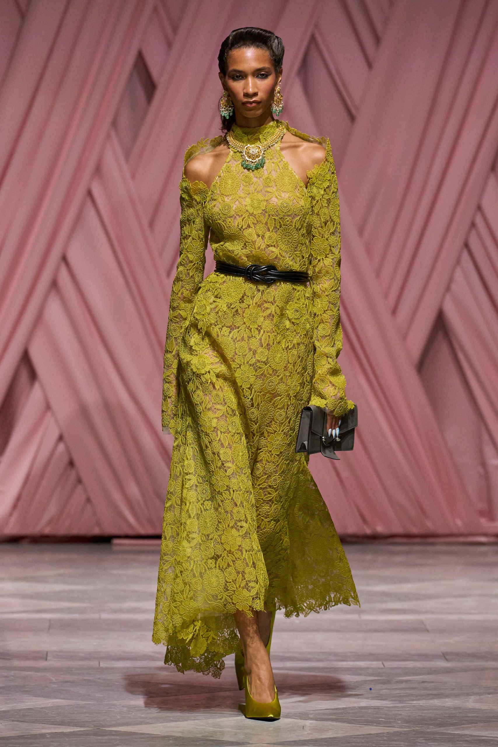 yellow lace long-sleeve off-shoulder fitted layered flared gown