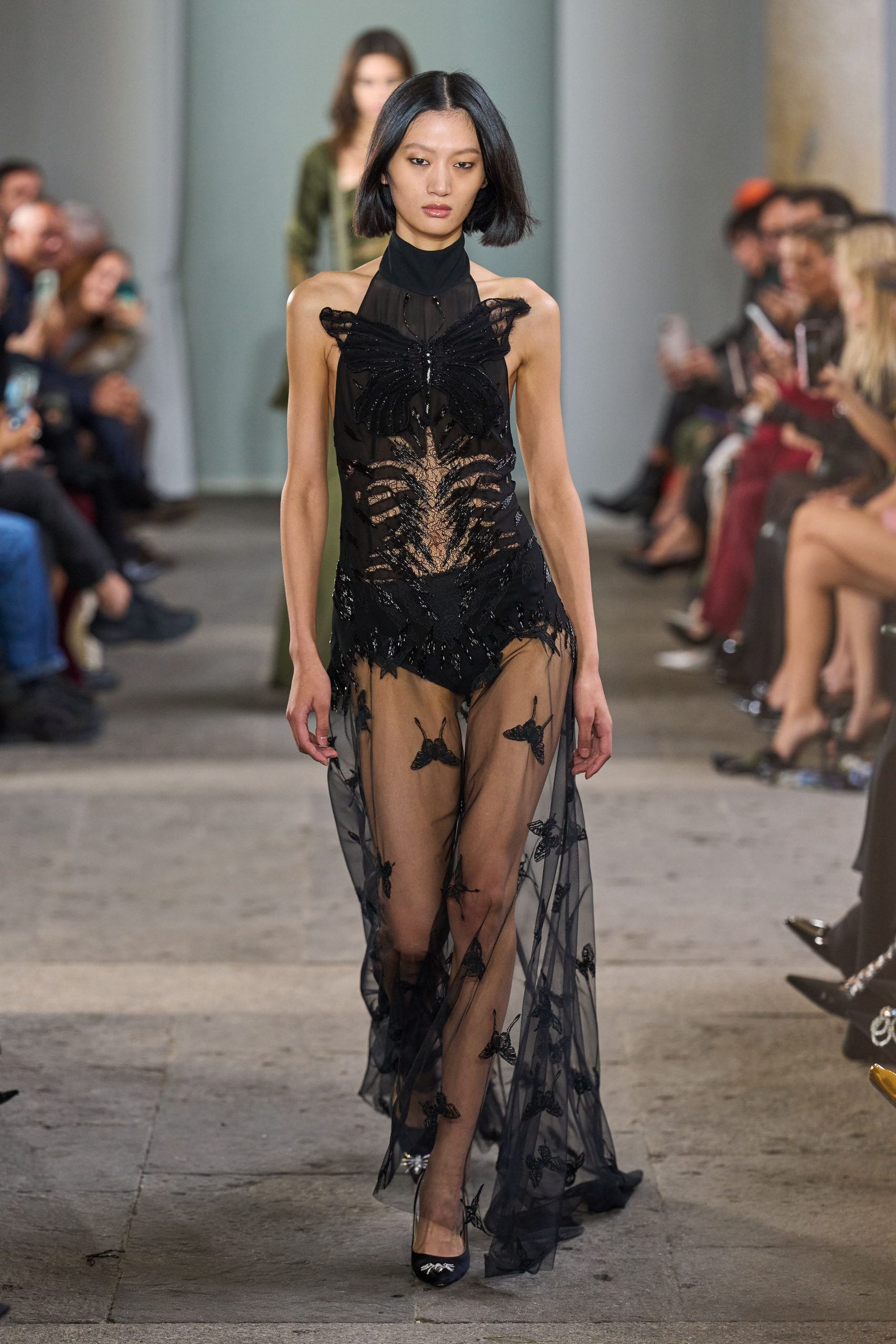 black silk sleeveless high-neck fitted embroidered dress