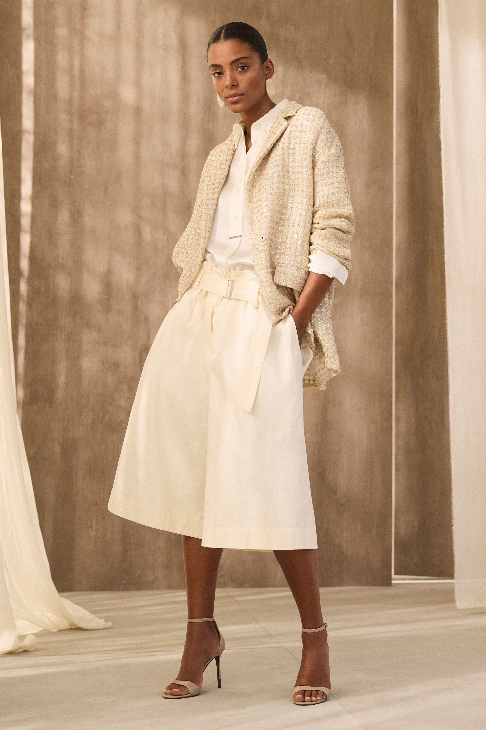 white cotton high-waisted pleated culottes