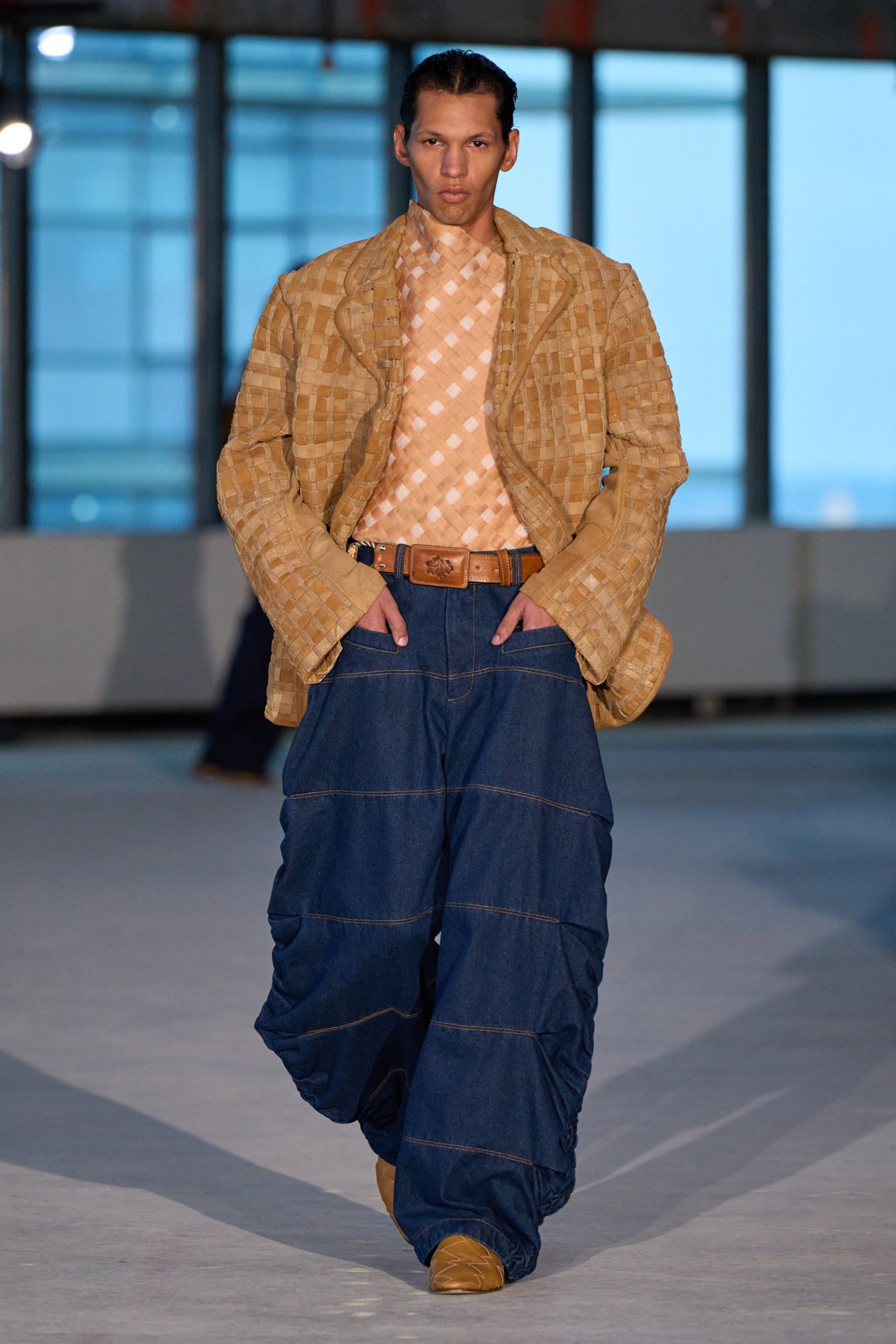 beige jacket with checked shirt