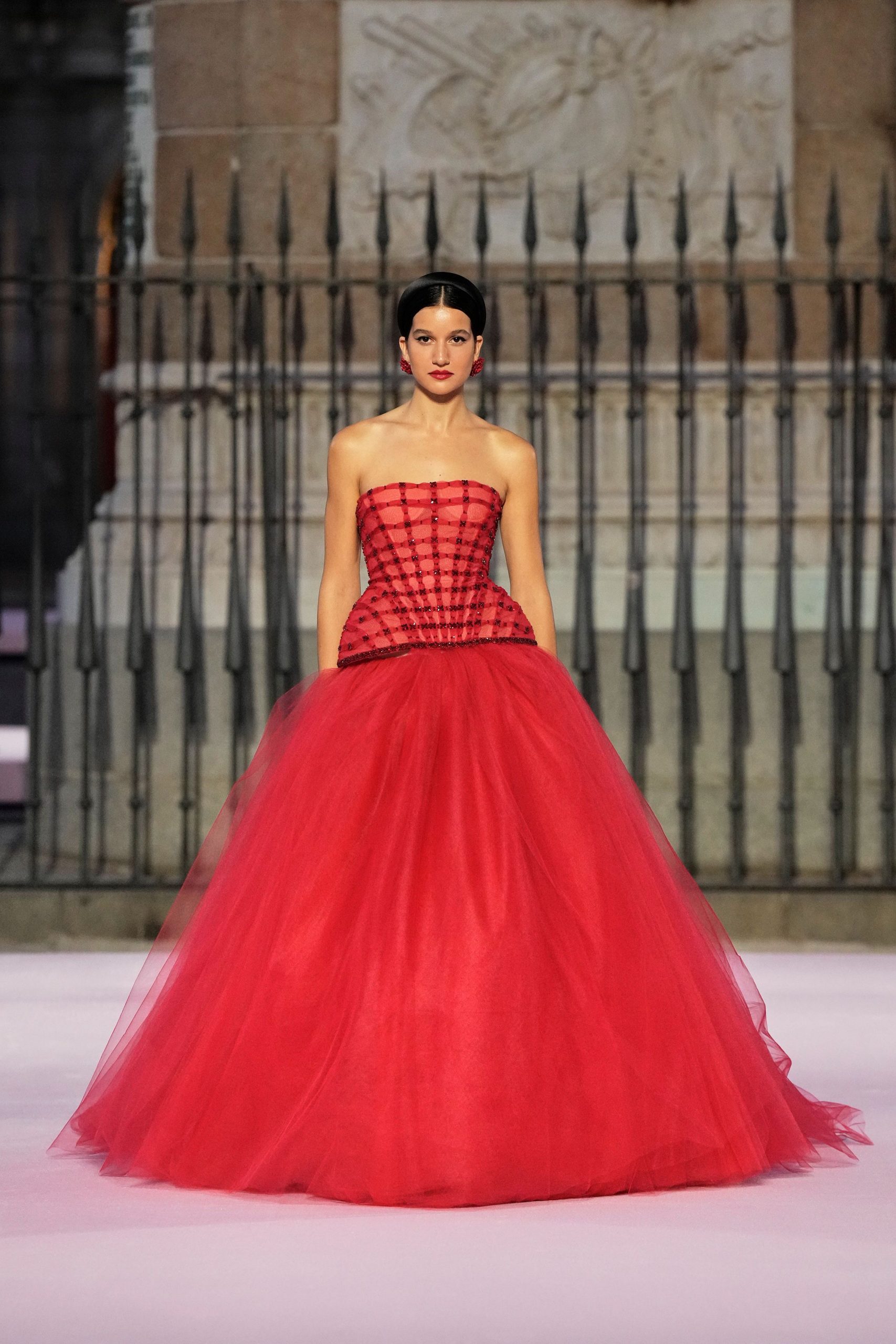 red strapless tulle gown