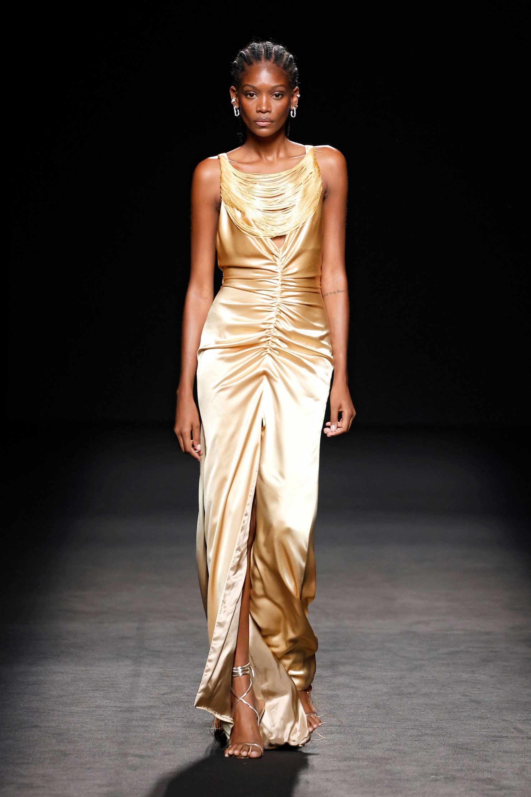 gold satin sleeveless v-neck fitted ruched shiny gown