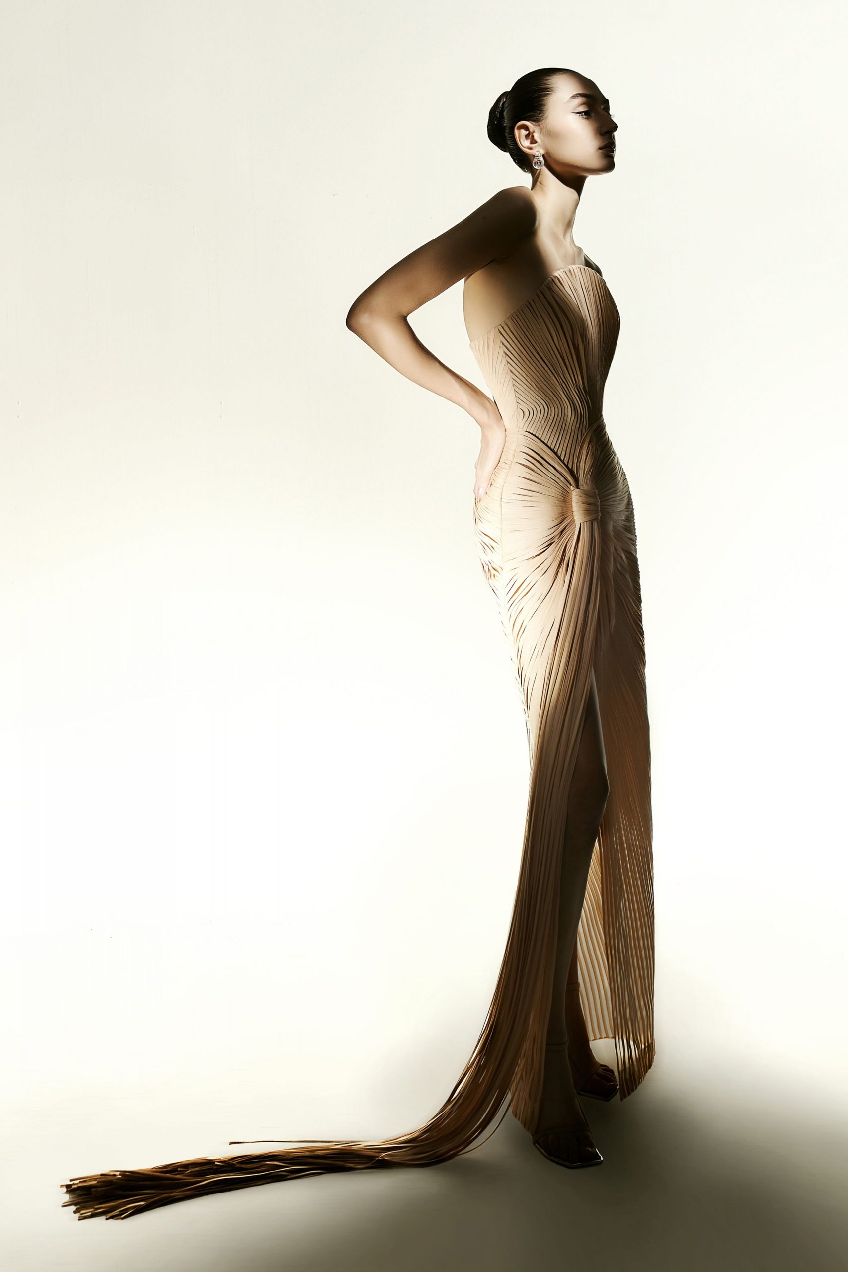 beige silk strapless gown