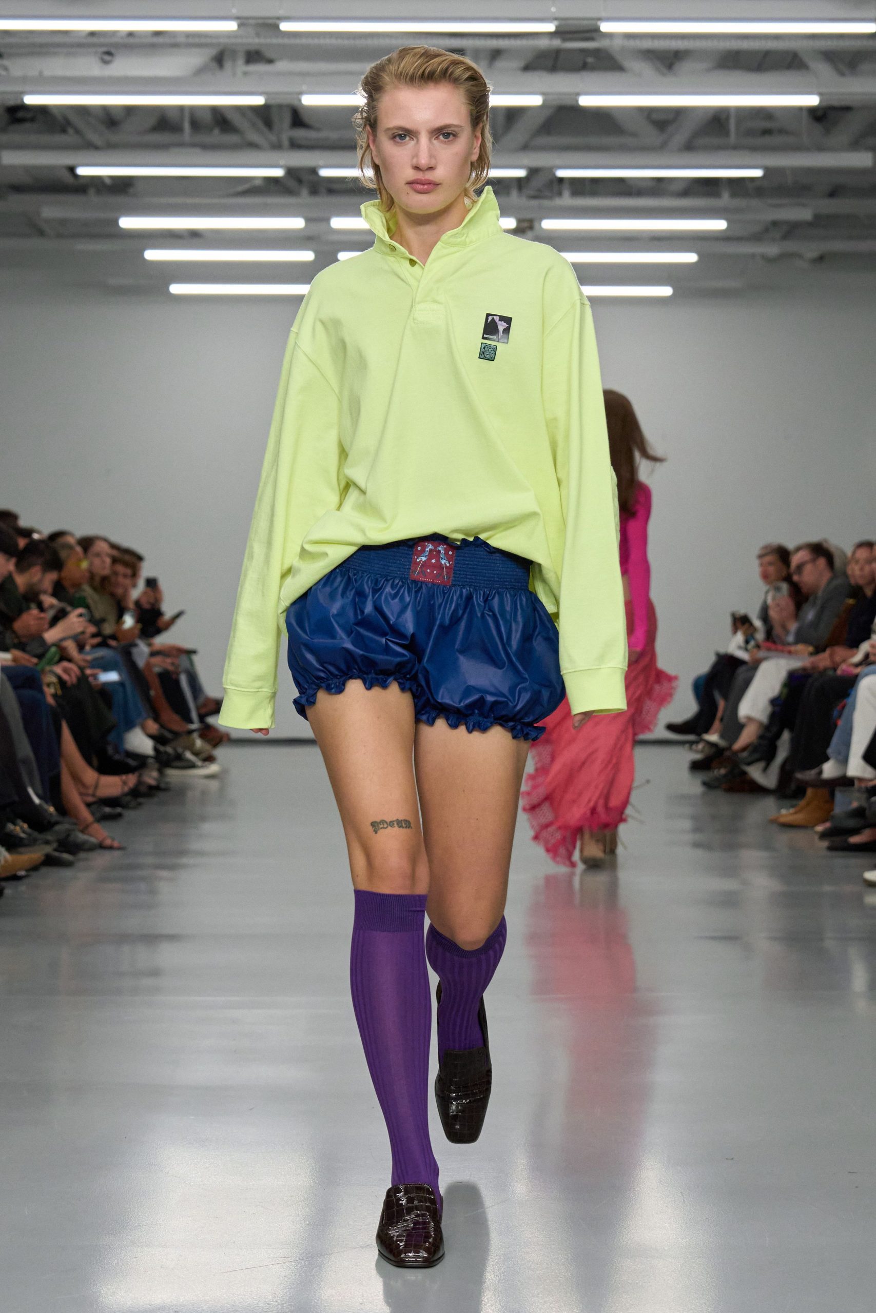 blue silk fitted ruffled short shorts
