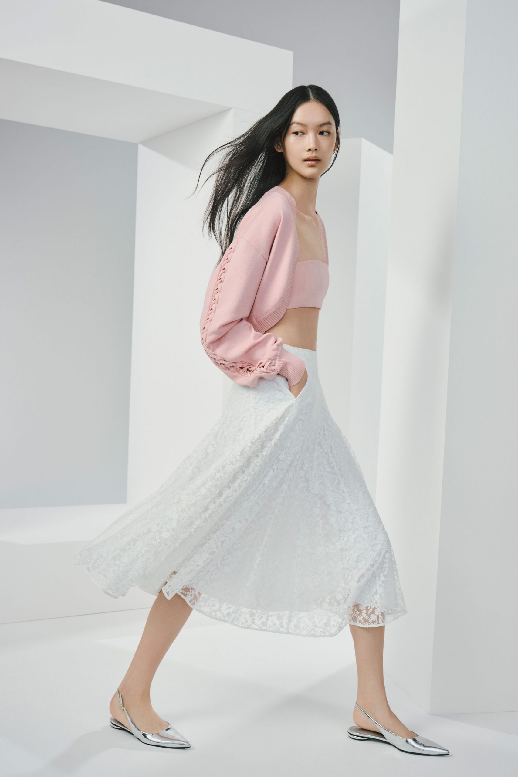 pink cotton sleeveless square-neck fitted pleated top