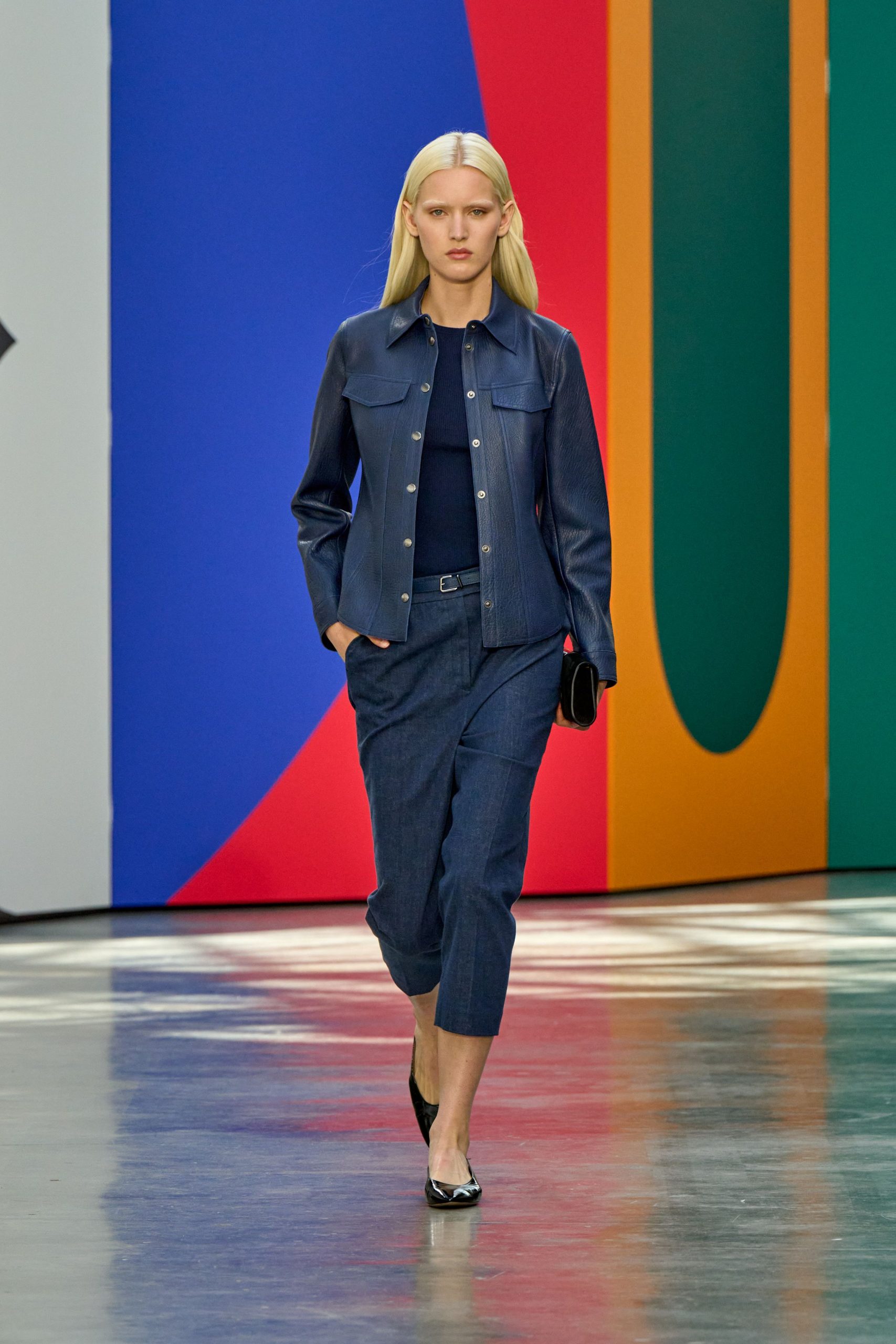 blue denim jacket with tailored pants