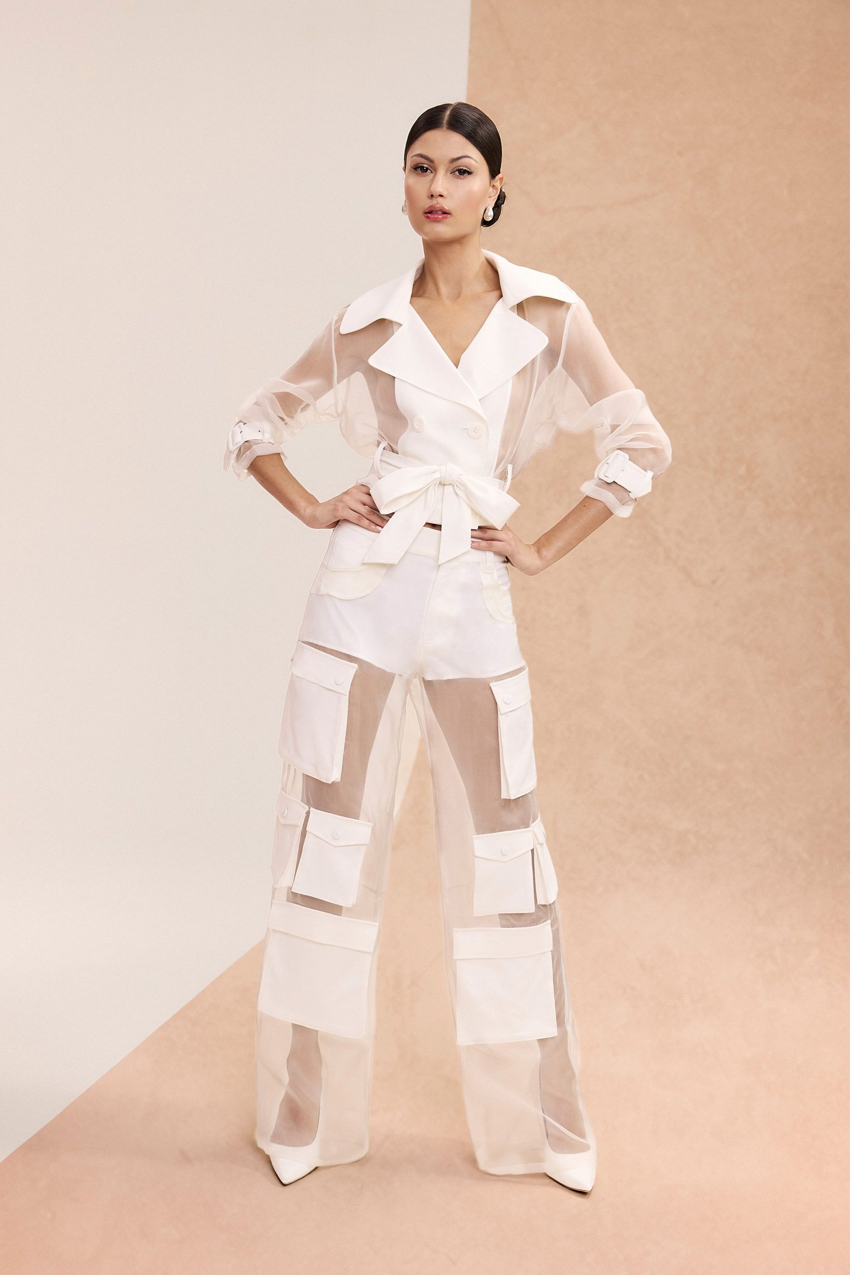white silk fitted cargo sheer pants