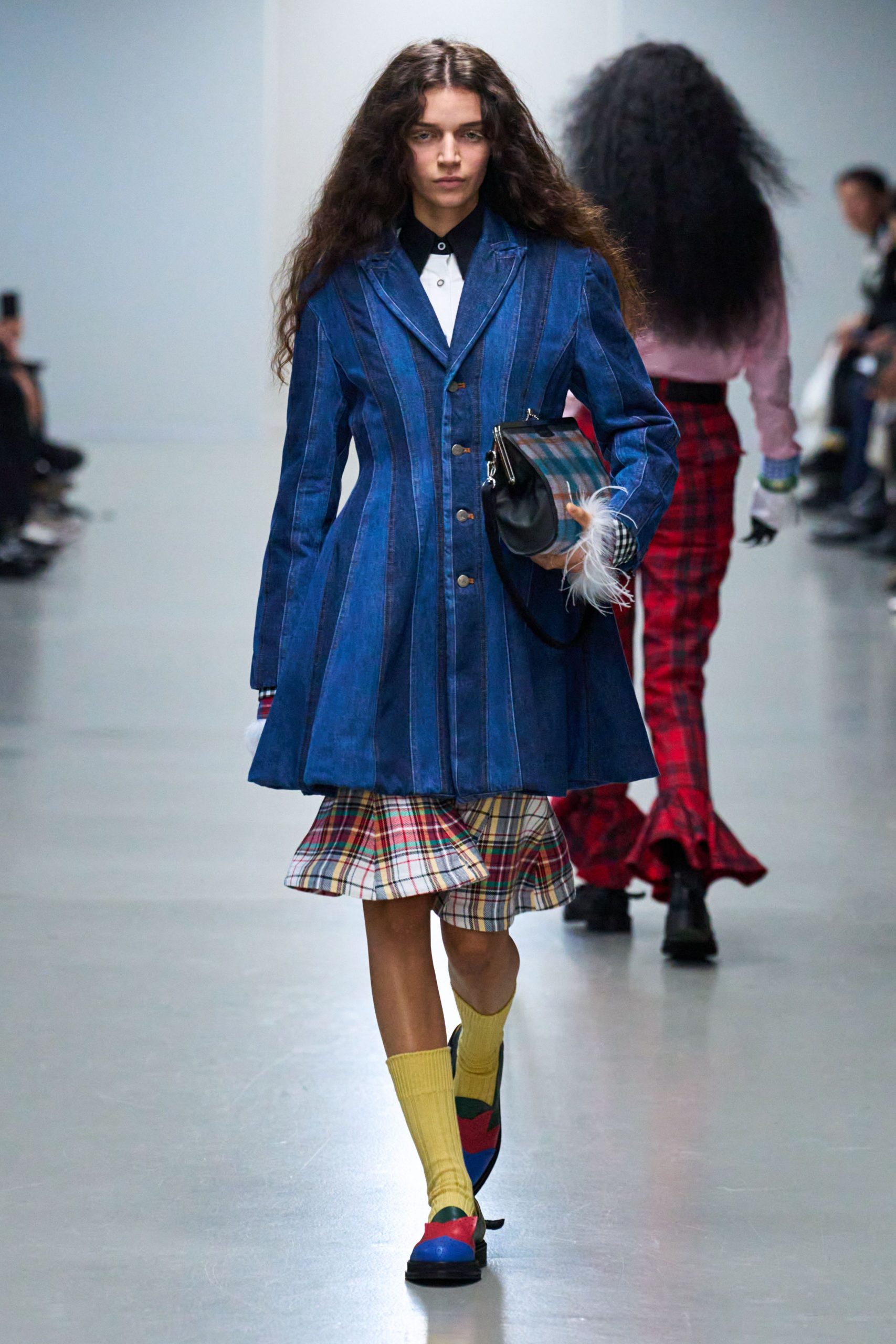 blue denim long-sleeve collared fitted striped coat