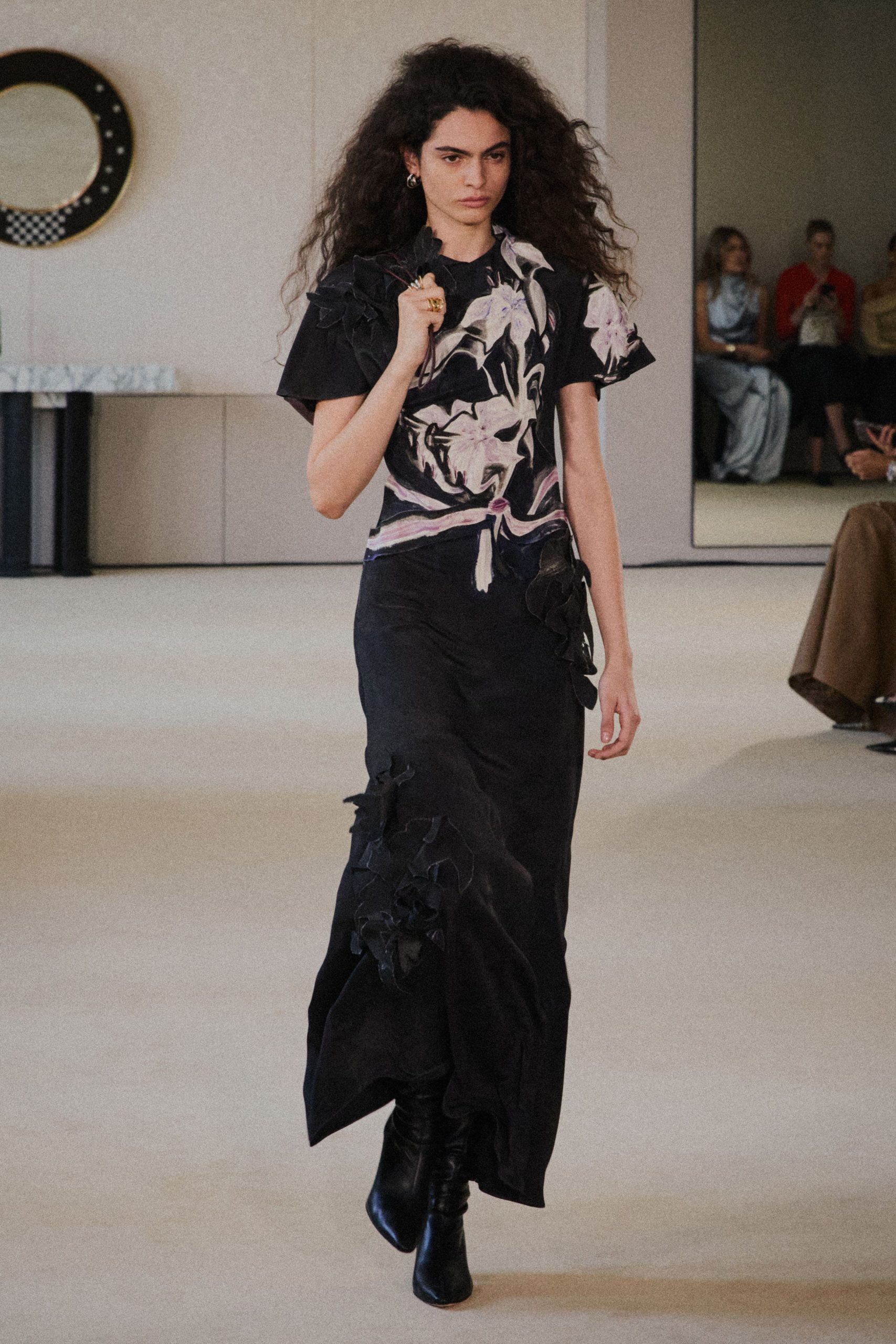 black silk short-sleeve v-neck fitted flared layered dress