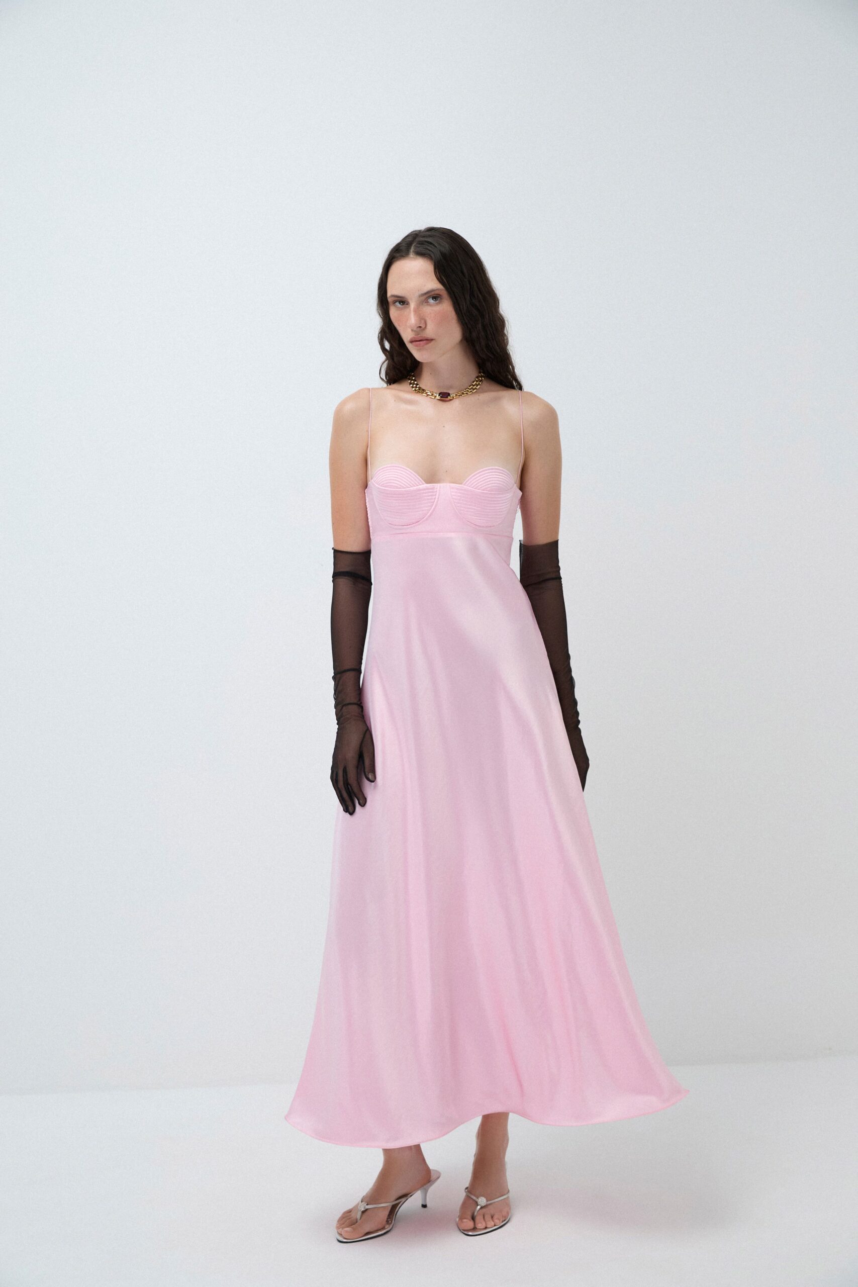 pink silk fitted gown