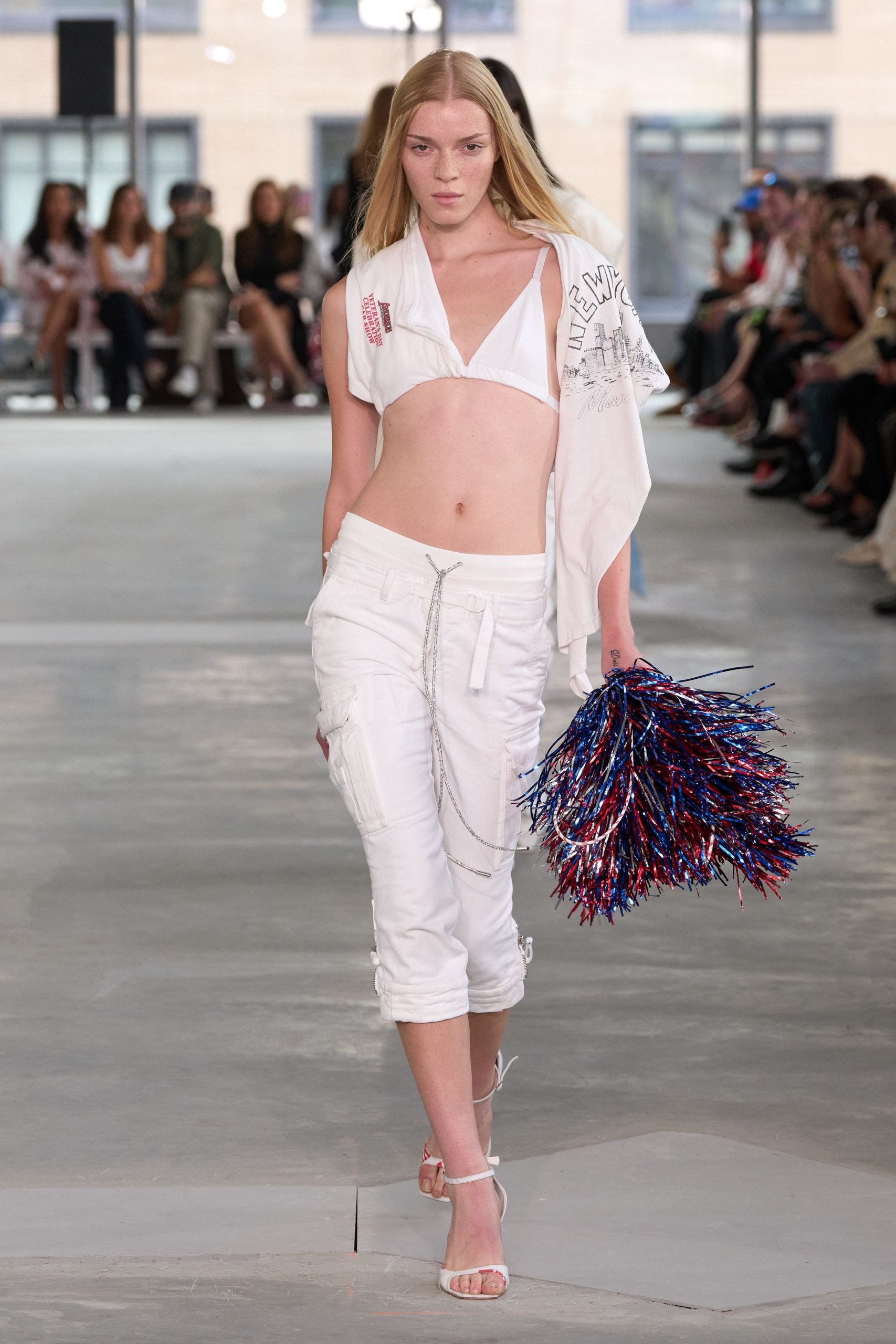 white fitted top with cargo pants