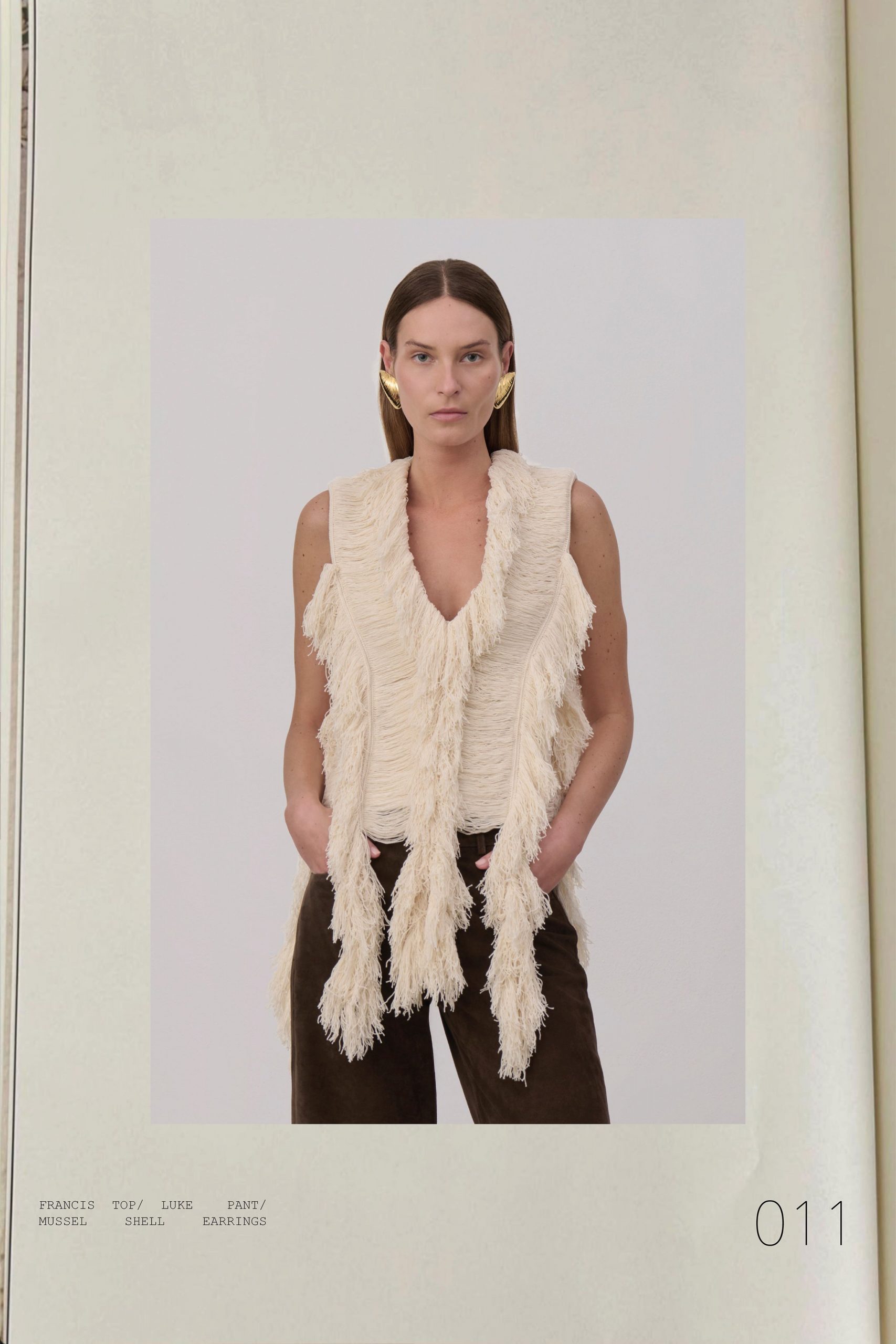 beige cotton sleeveless v-neck fitted fringed top