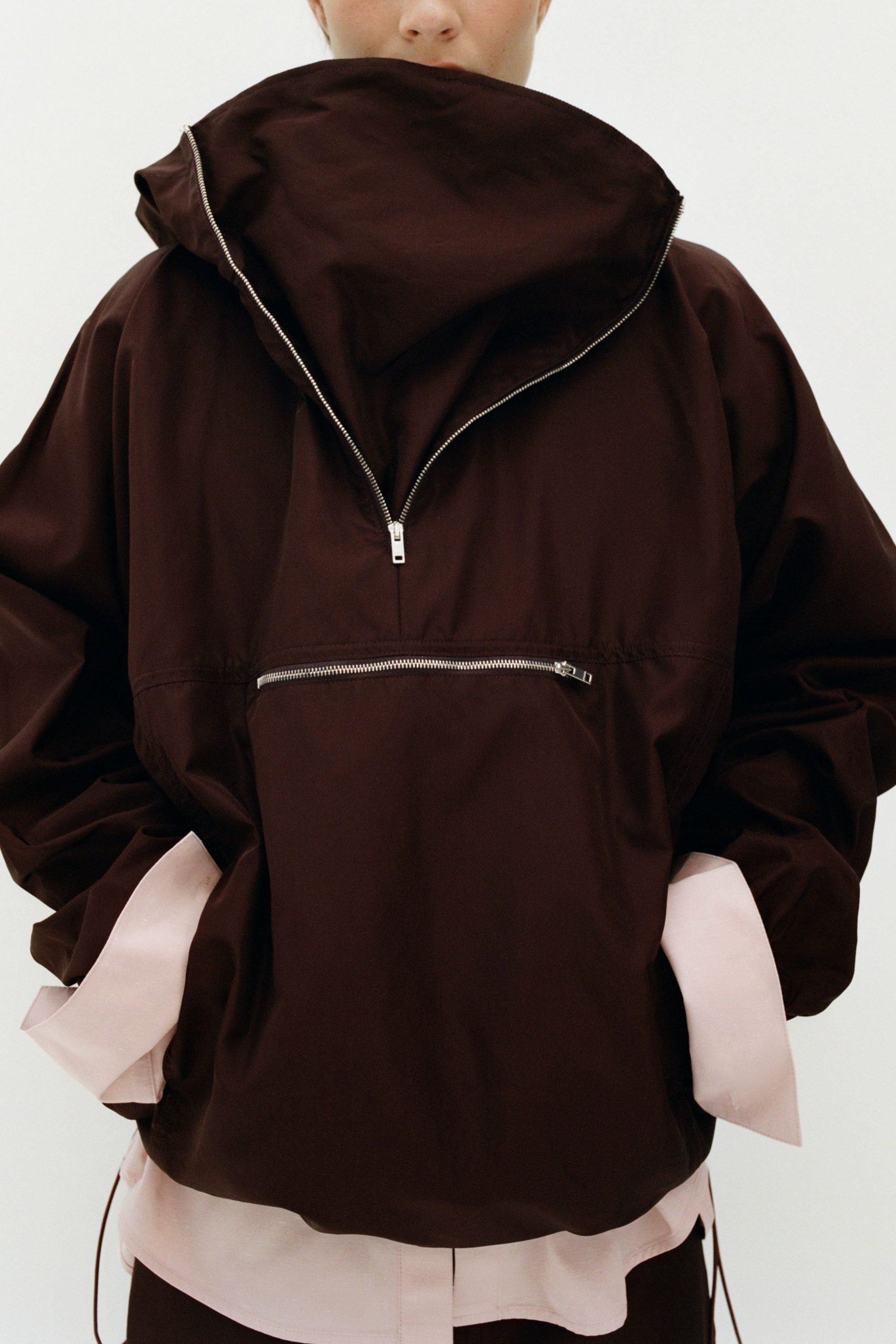 brown oversized jacket with pink shirt