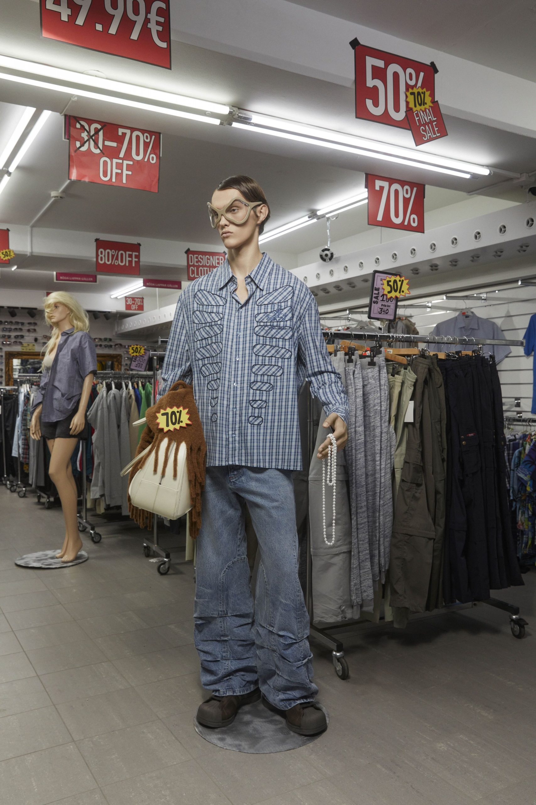blue checked shirt with wide-leg jeans