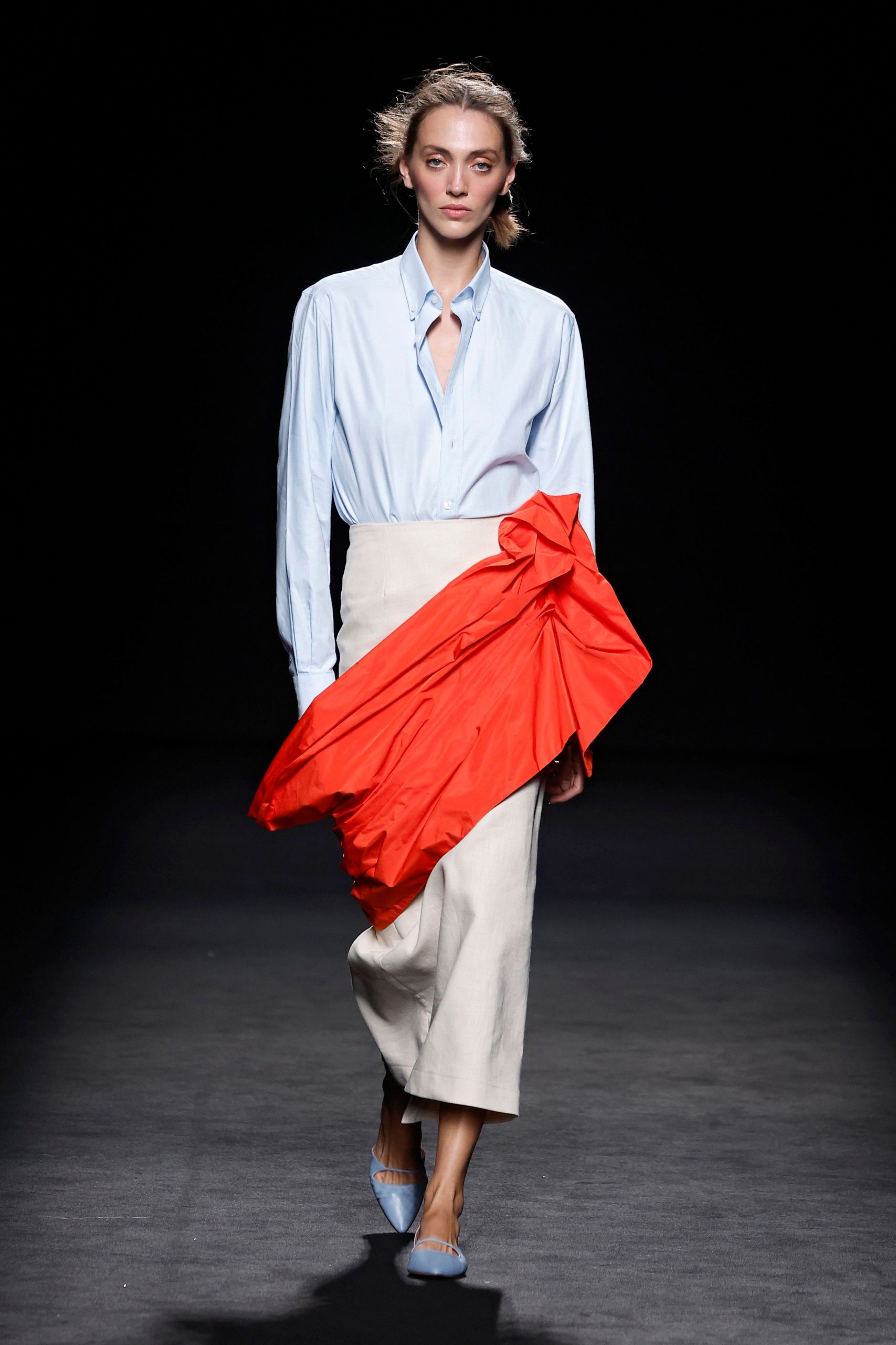 red cotton fitted draped coat