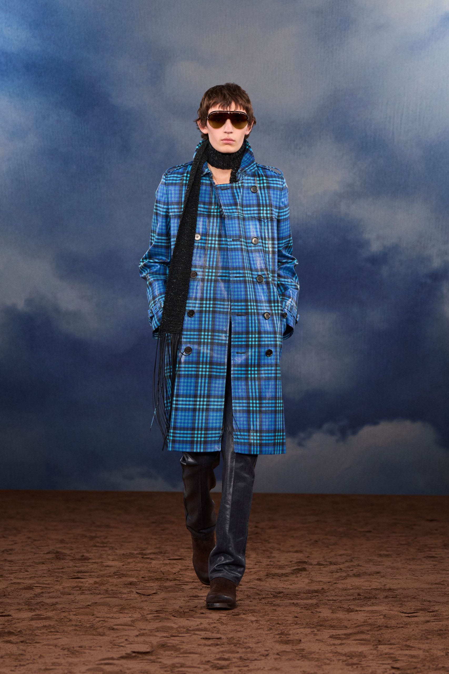 blue checked coat with black scarf