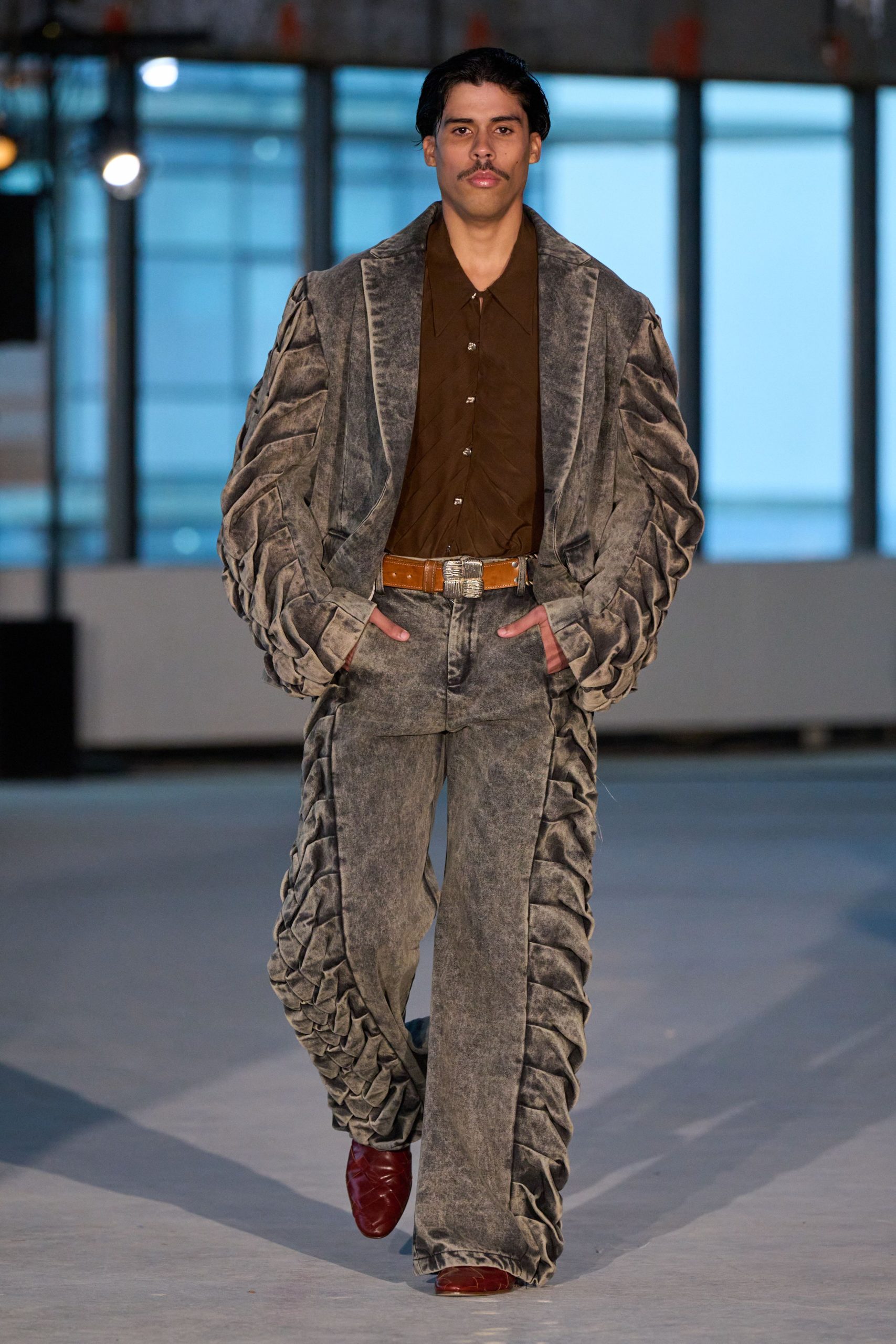 gray denim suit with brown shirt