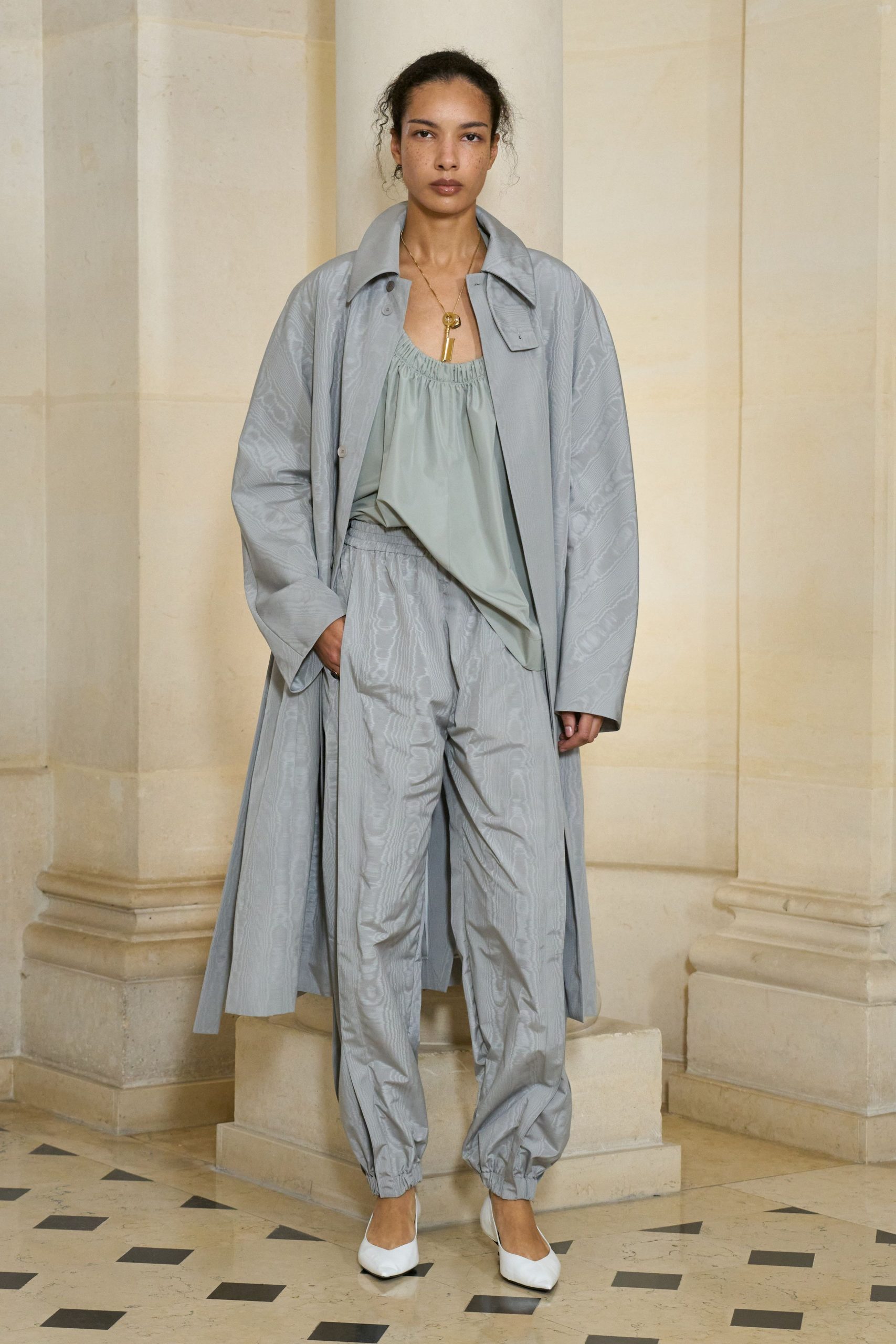 gray silk long-sleeve collared relaxed embroidered coat