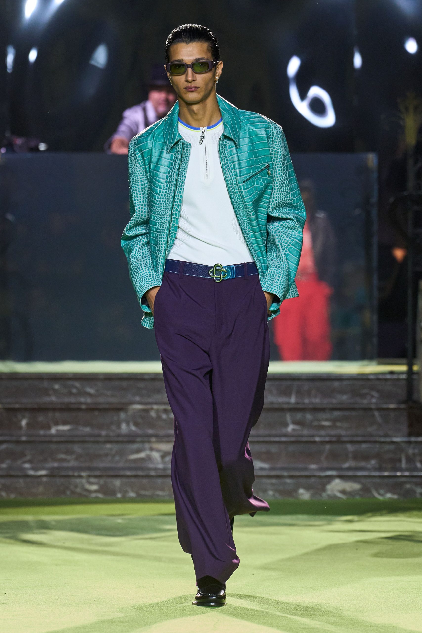 teal leather long-sleeve collared structured zippered jacket