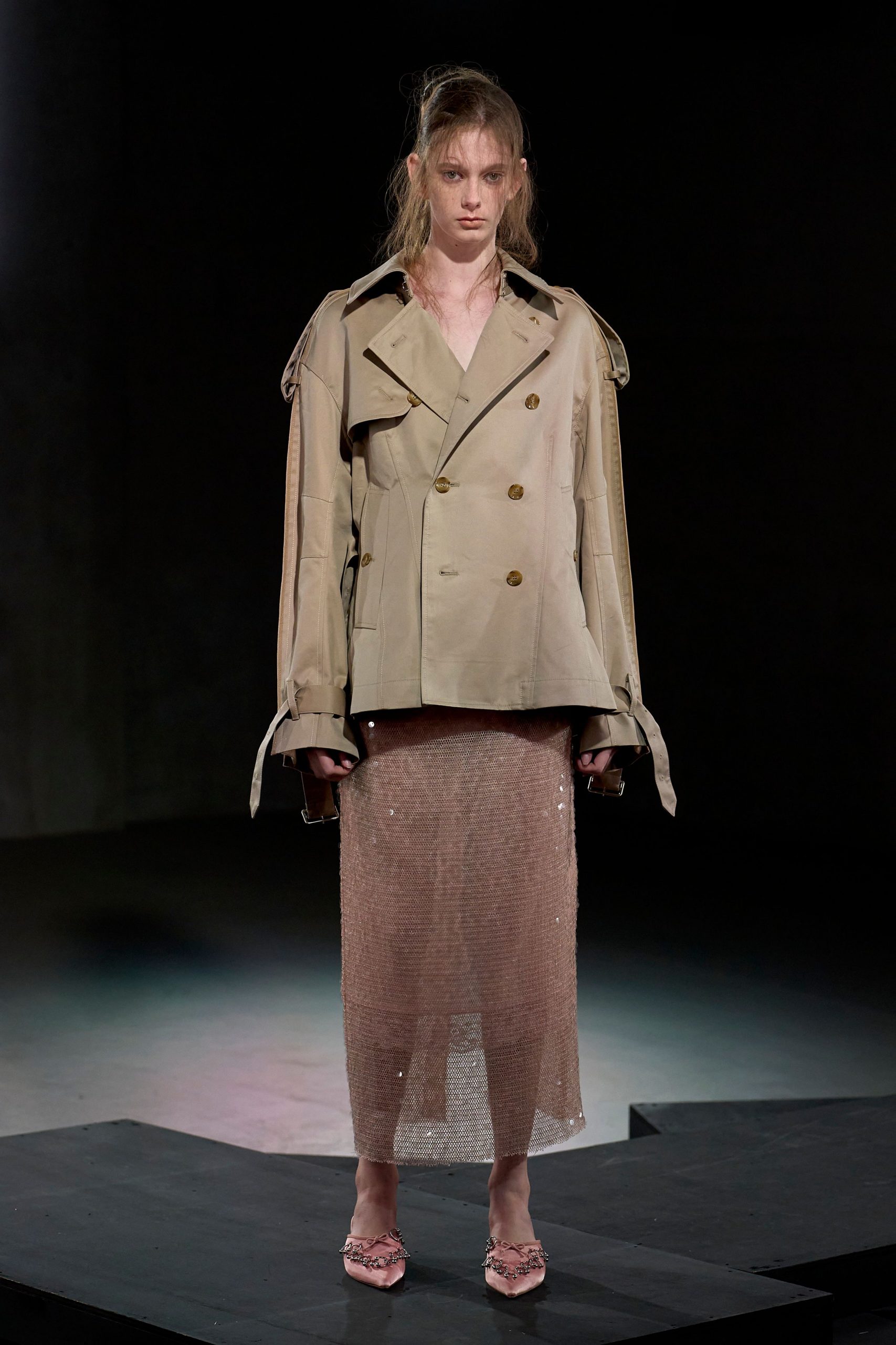beige oversized jacket pink midi skirt