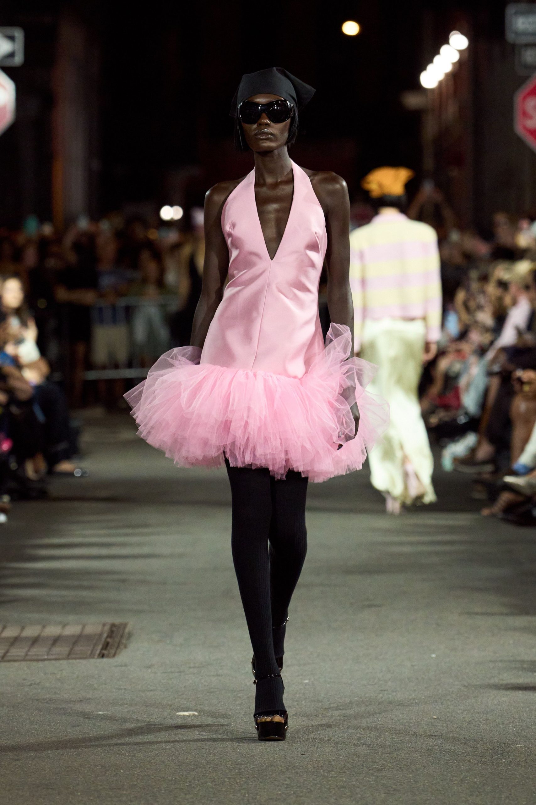 pink silk sleeveless v-neck fitted pleated flowing dress