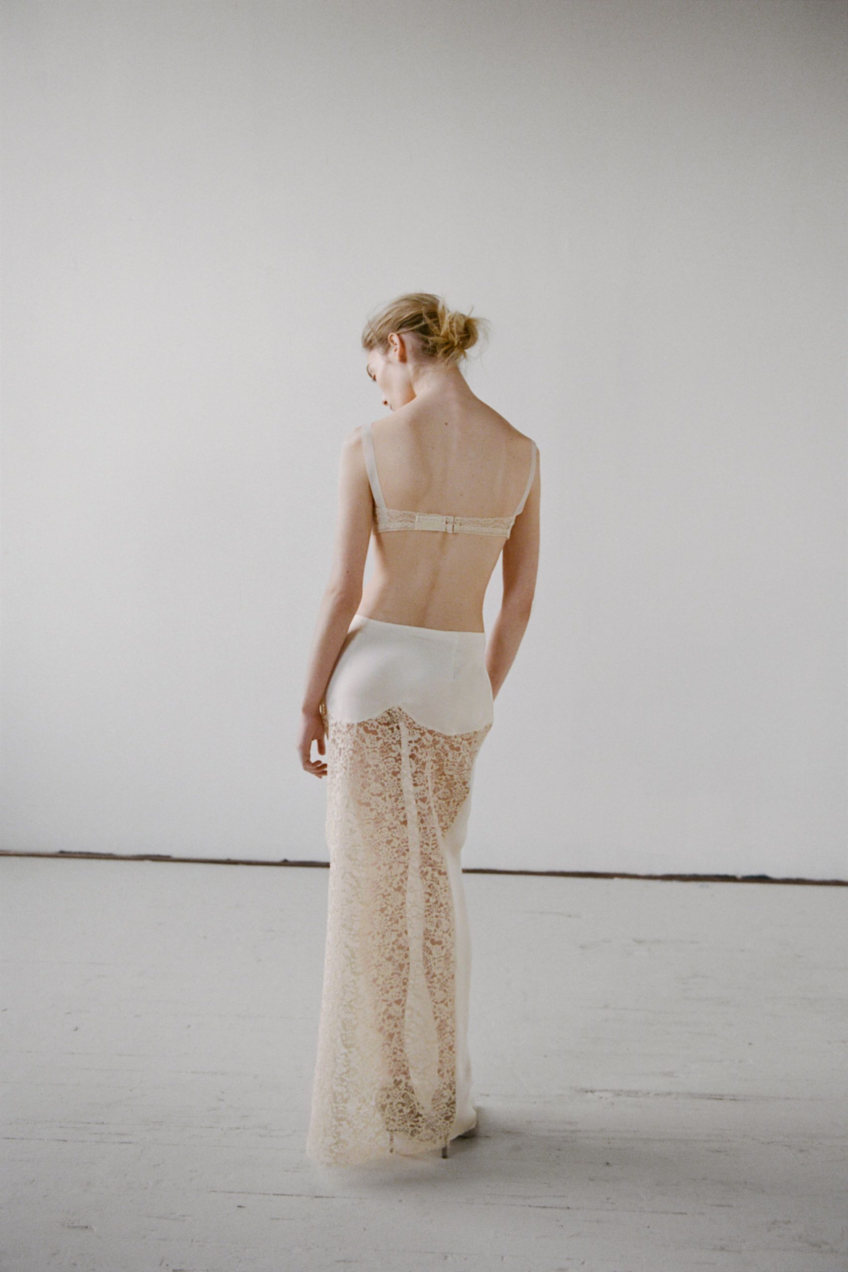 ivory lace gown and bra