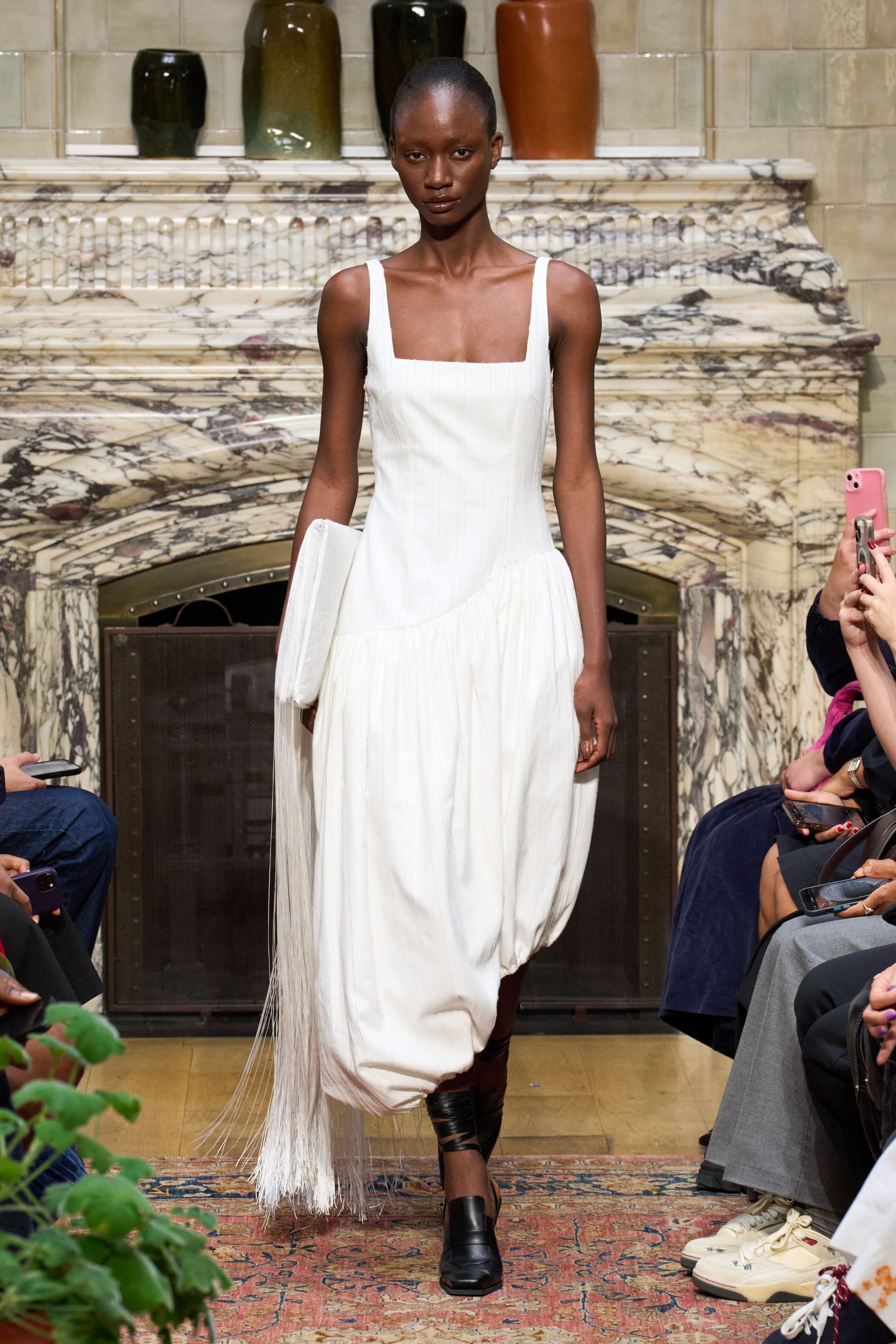 white pleated midi dress