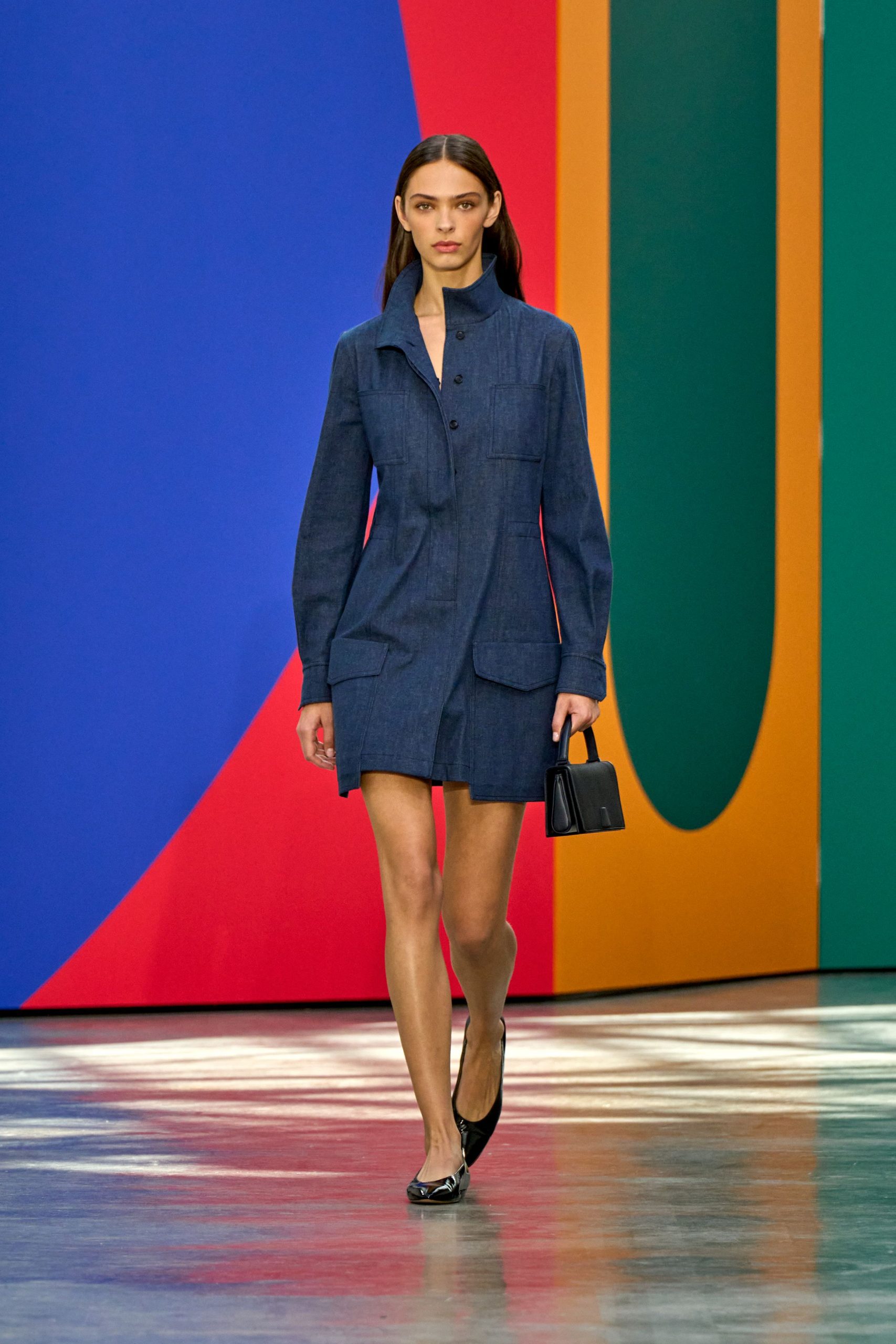 blue denim shirt-dress with black accessories