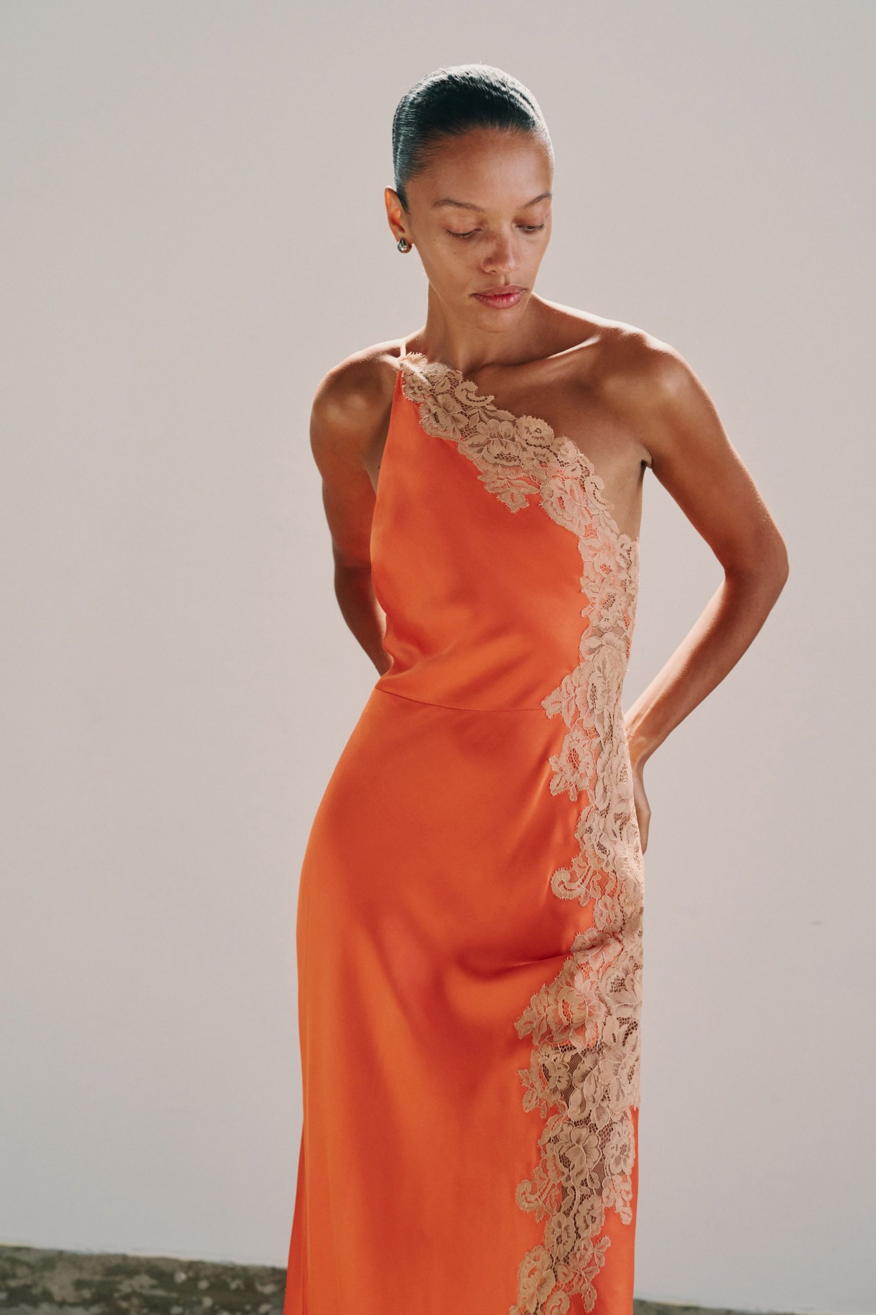fitted orange silk gown